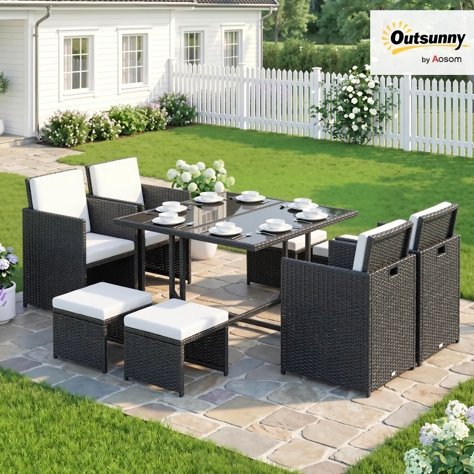 Outsunny Ensemble Salon de Jardin encastrable 8 Personnes 9 pièces résine tressée 4 Fils Imitation rotin Noir Coussins déhoussables crème