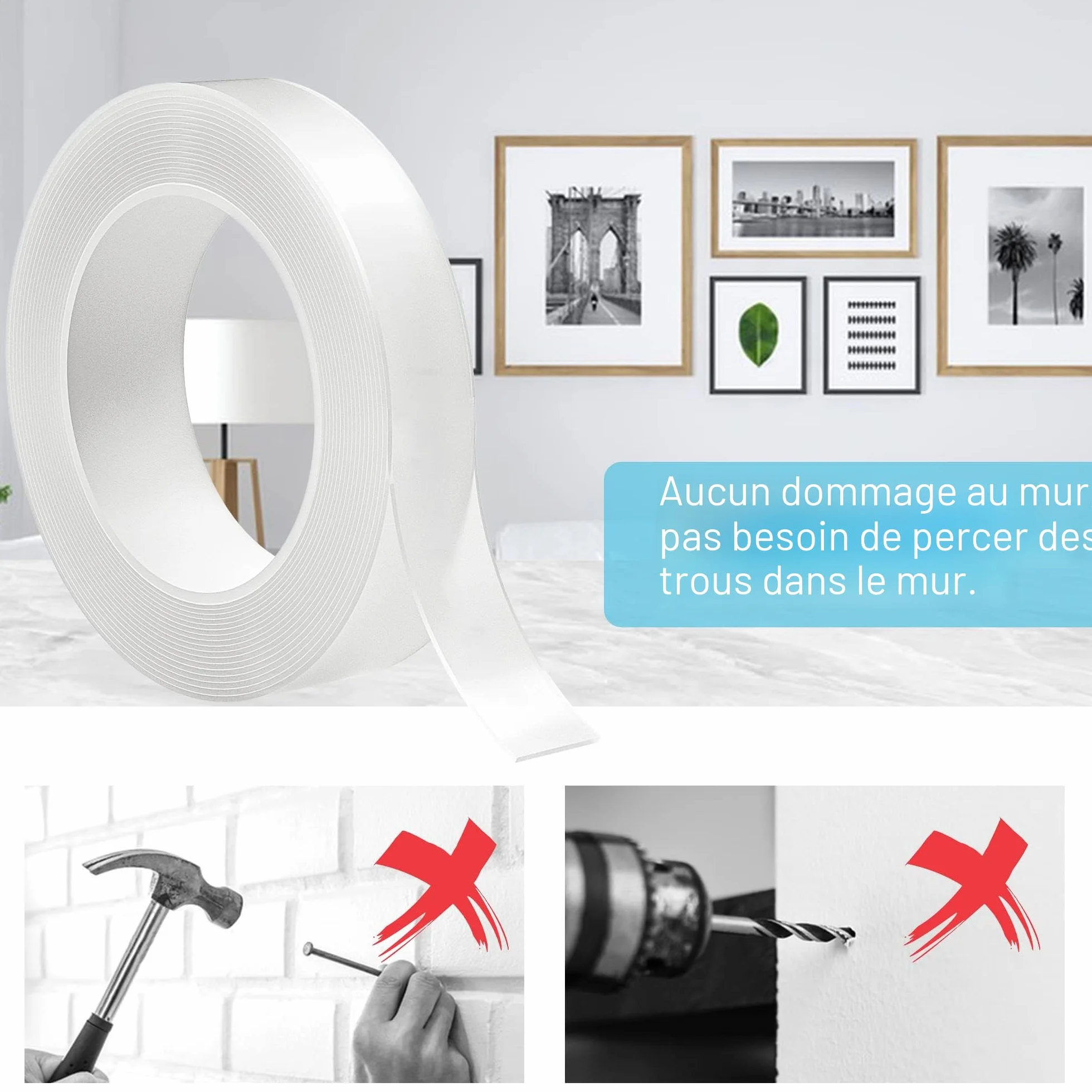 Ruban Adhésif Double Face Robuste Extra Fort 5M Nano Tape Transparent Amovible 20mm 1mm