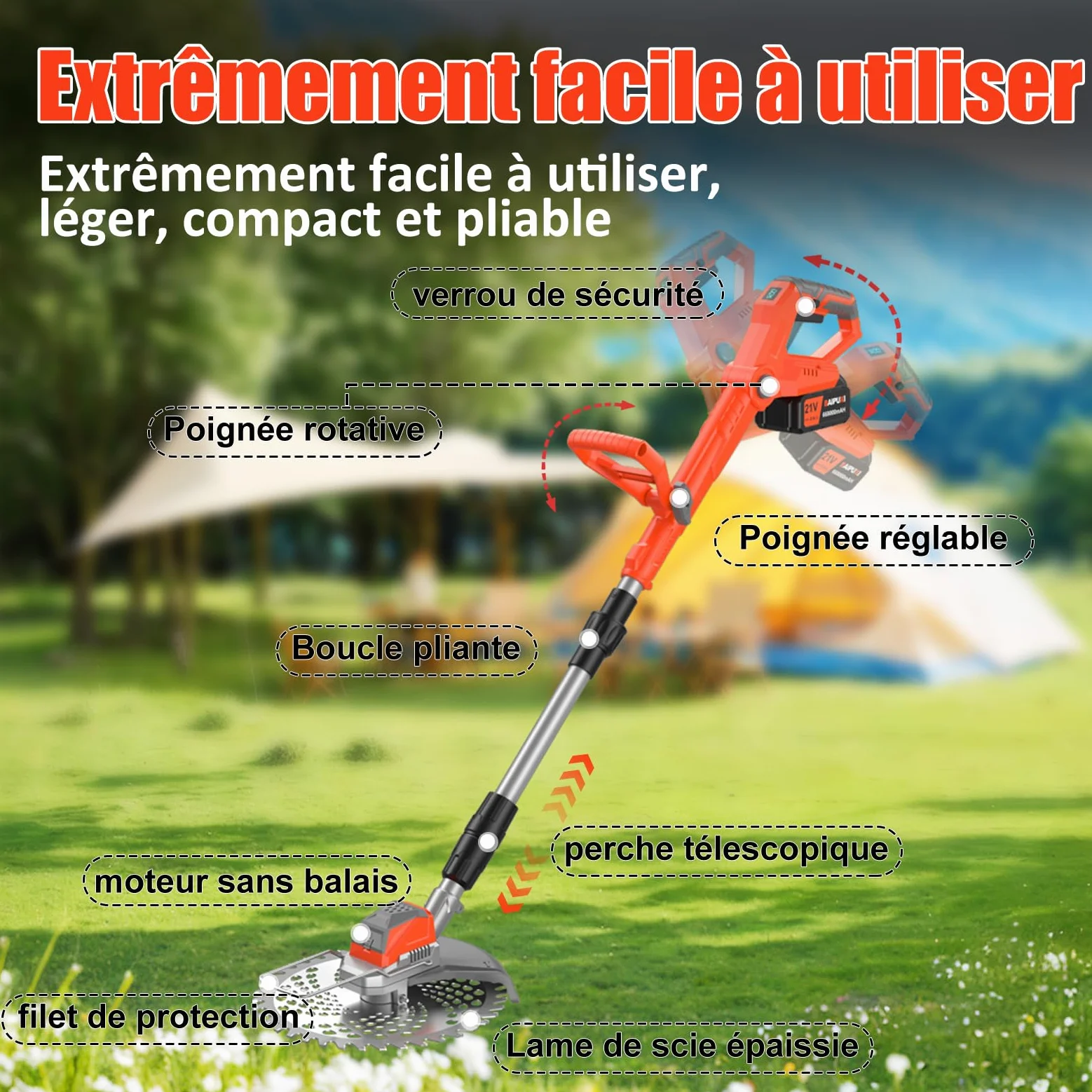Debroussailleuse Electrique sans Fil, 21V Coupe Bordure sans Fil avec Batterie, Batterie Debrouissalleuses avec 3 Lames, Débroussailleuse Rétractable Convient Aux Jardins et Aux Pel (Rouge-1)
