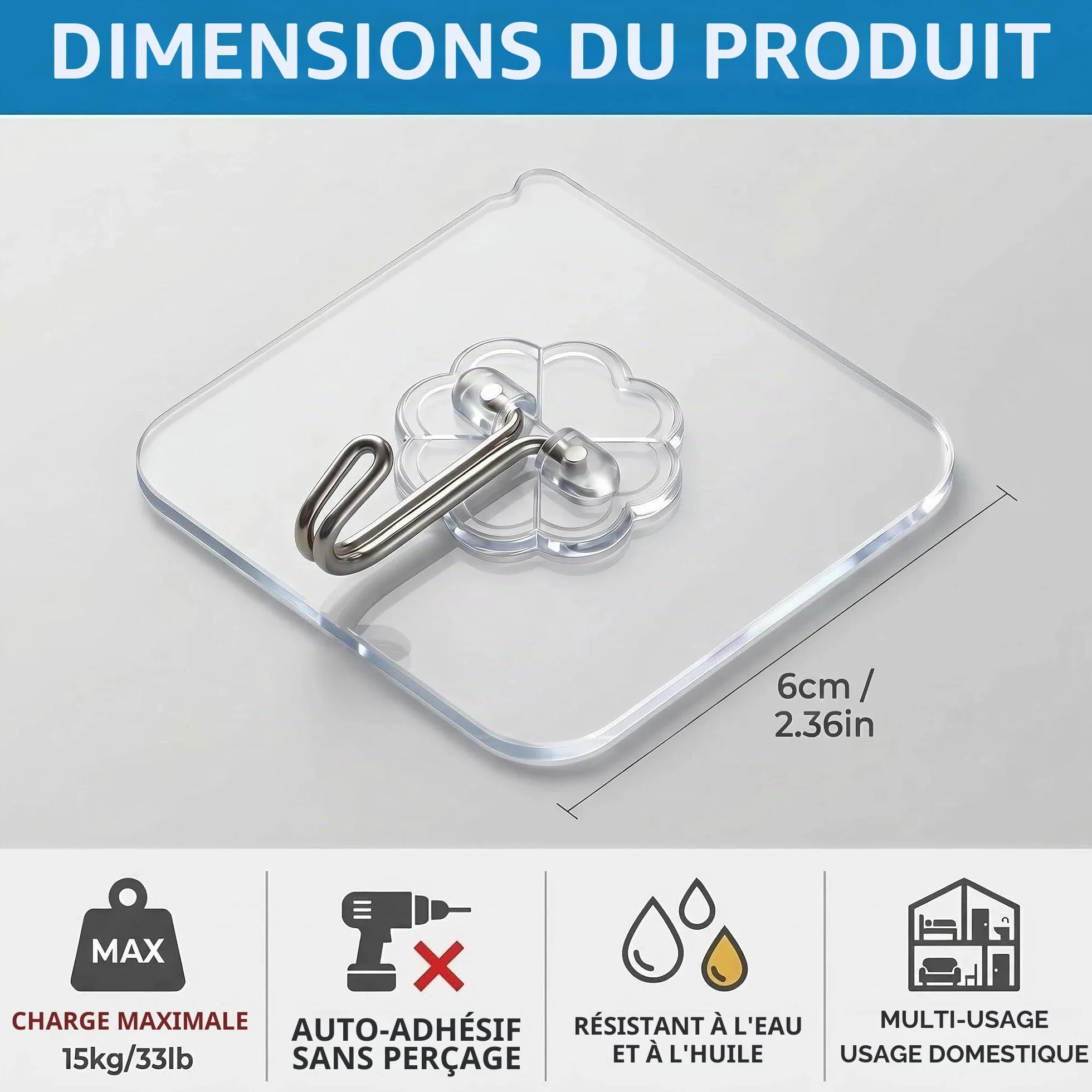 Crochets Adhésifs Transparents sans Percer 15kg Max Étanches Eau/Huile Salle de Bain Cuisine 10 Pièces