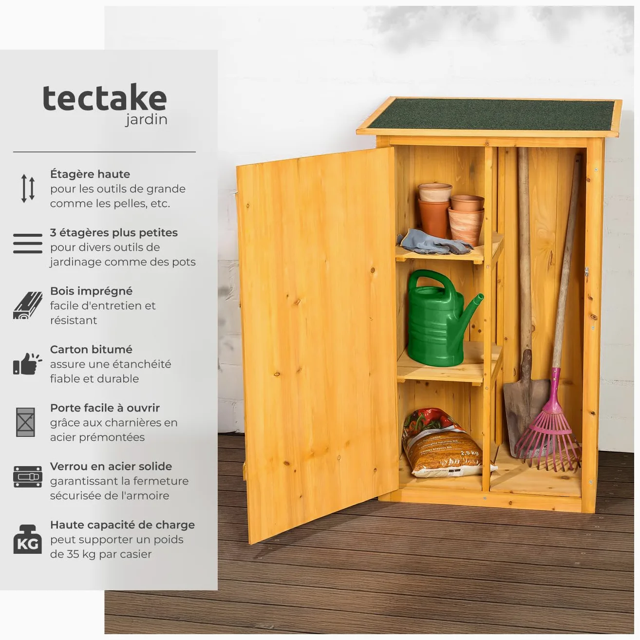 tectake® Abri de Jardin Bois Cabane de Jardin à Outils Toit Plat, Rangement et Stockage extérieurs pour Outils de Jardinage Armoire extérieure Abri de Stockage Remise Outil 75 x 56 x 118 cm