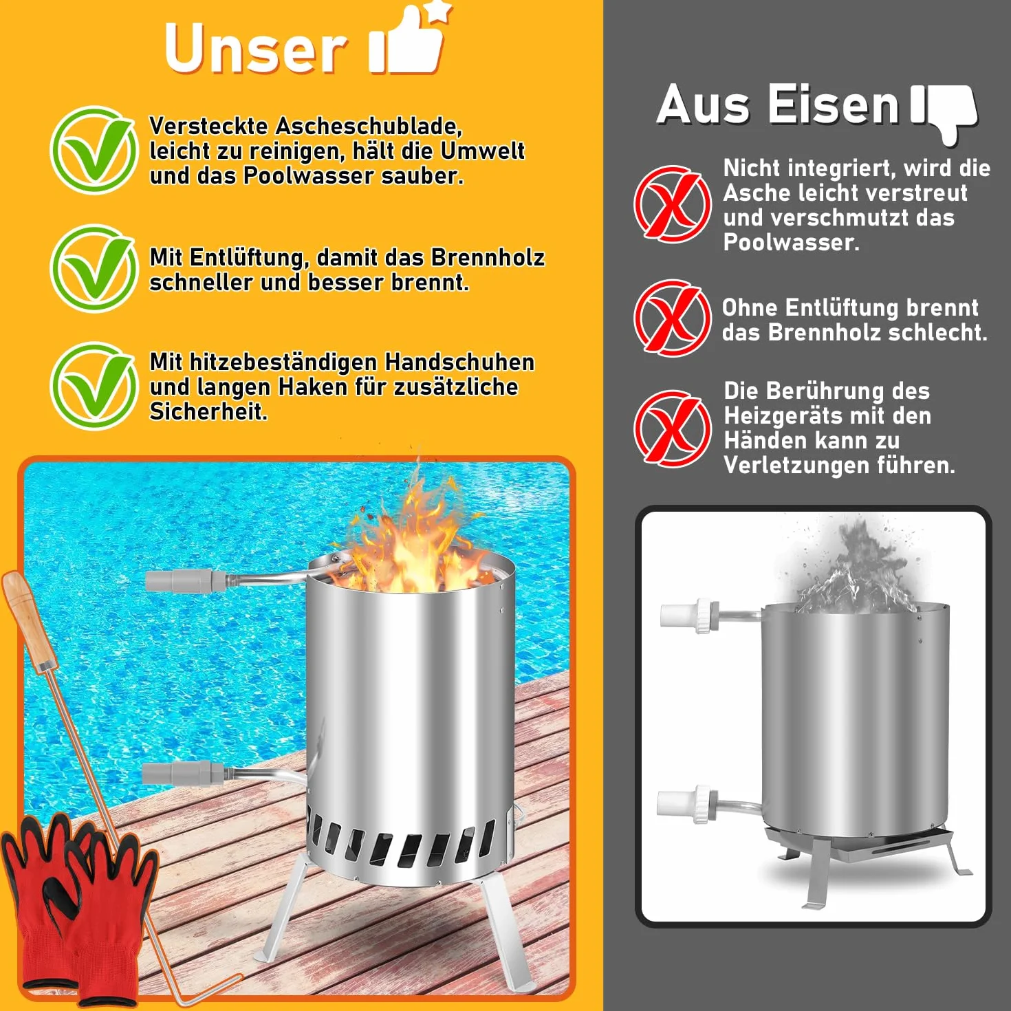 Chauffage de piscine à bois en acier inoxydable, seau à feu, 32/38 mm, raccords acier inoxydable avec tapis ignifuge et plateau