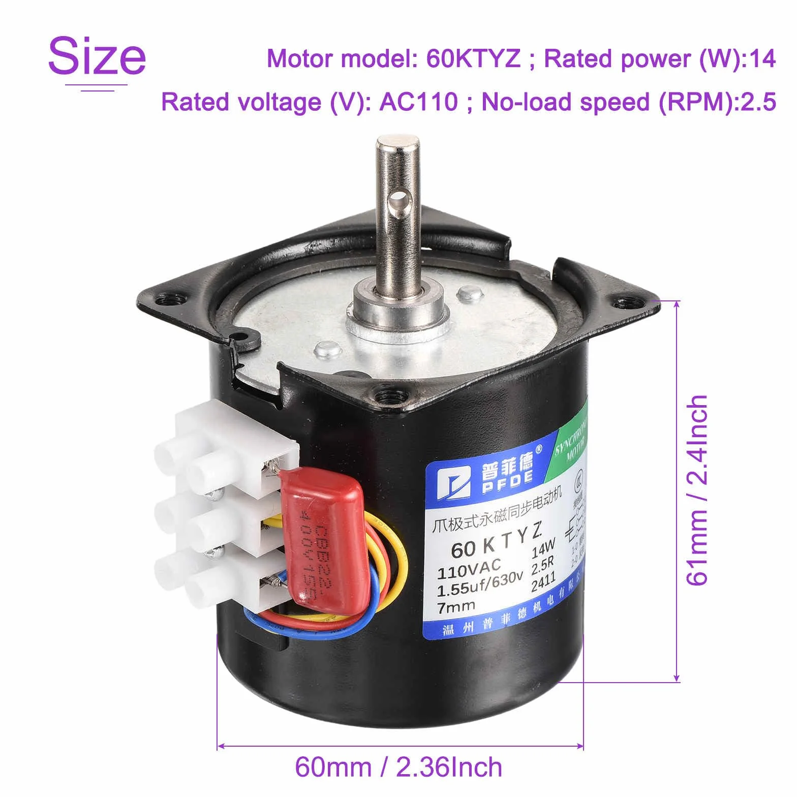 DMiotech Moteur AC Synchrone Réducteur 60KTYZ 110V 2.5RPM 350N.cm CW/CCW Faible Bruit
