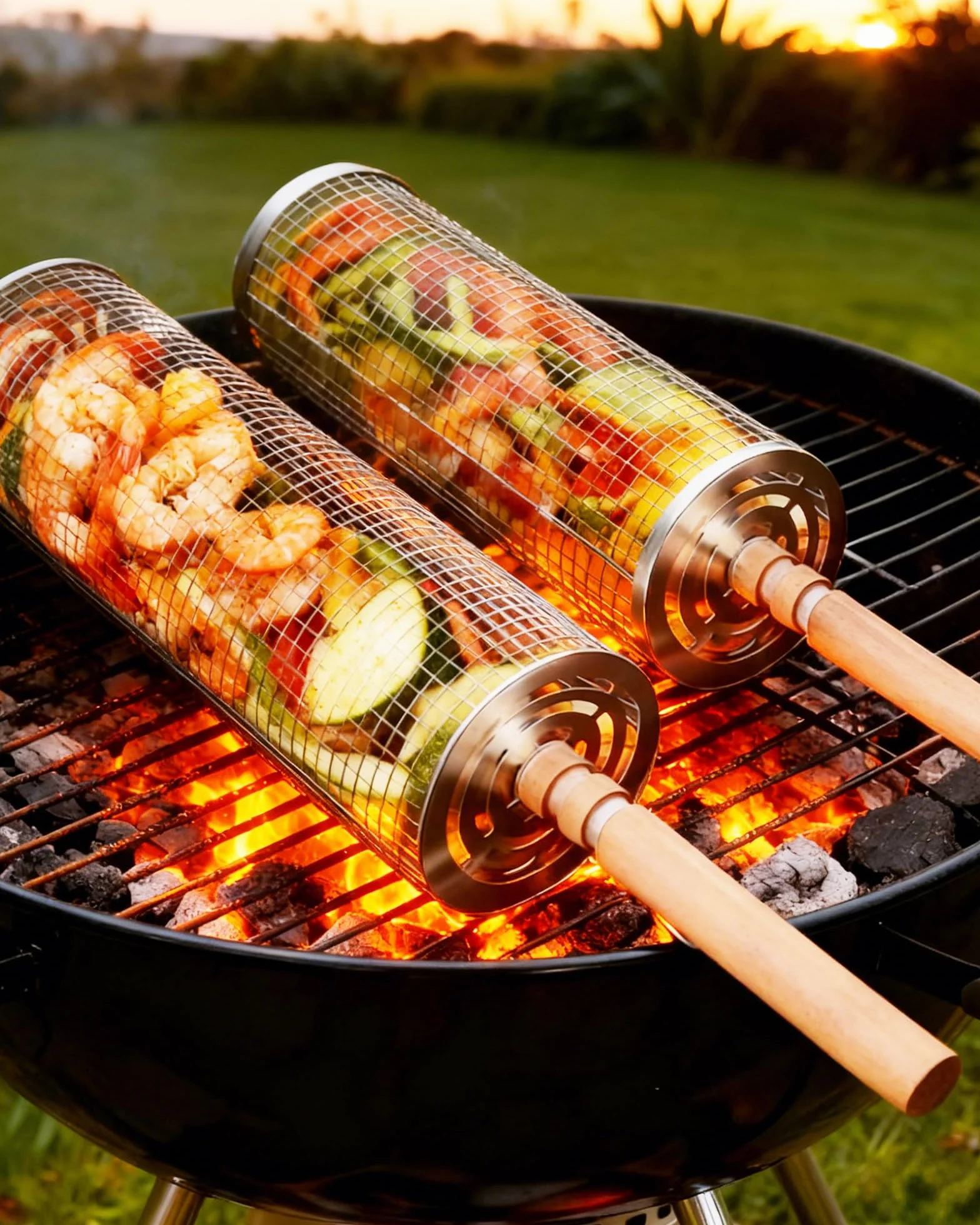 Ensemble de paniers de grillage enroulable emboîtables 2 Paniers de barbecue cylindriques en acier inoxydable avec poignée en bois (30×10cm + 29×9cm) accessoires de barbecue pour légumes en extérieur