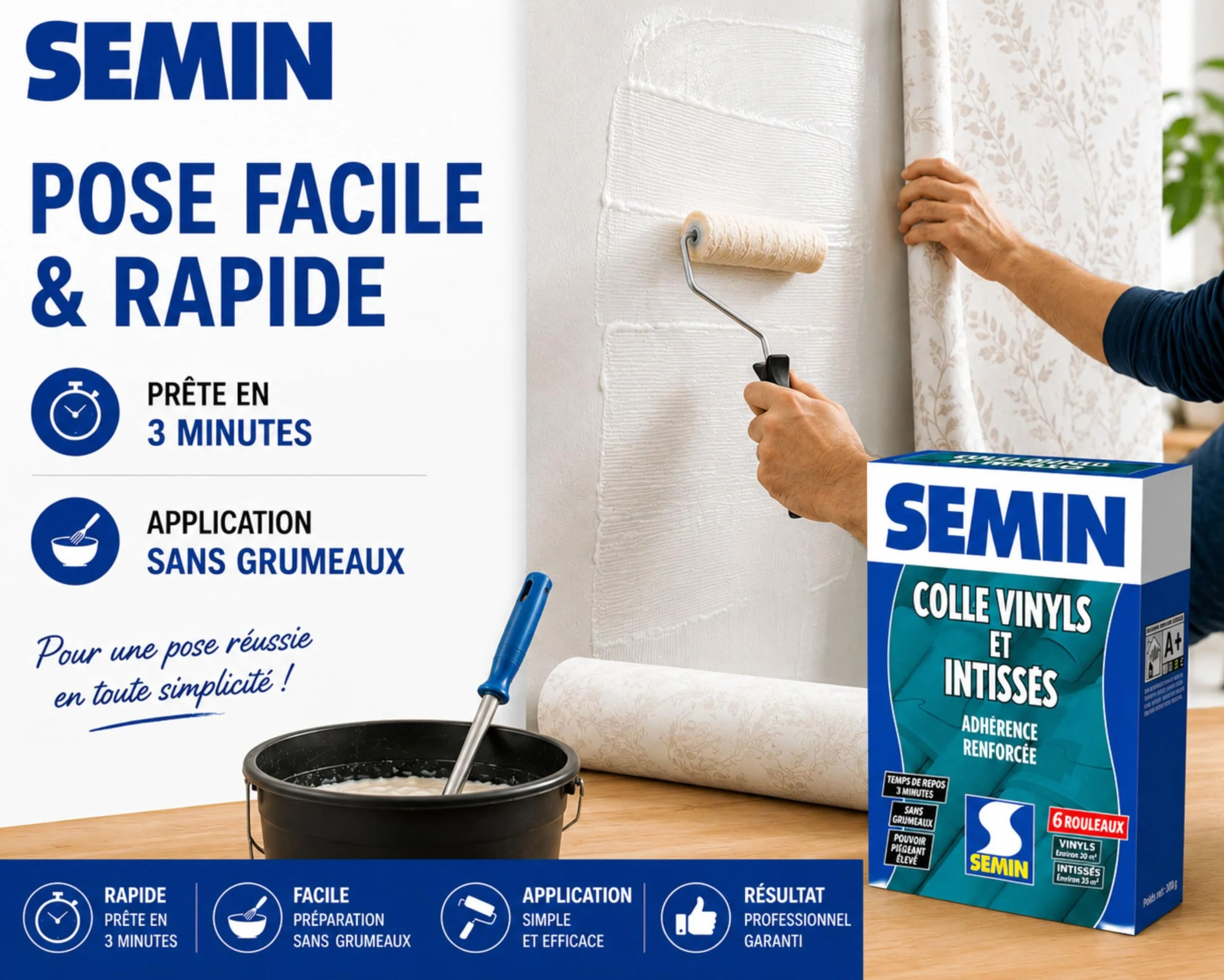 SEMIN Colle Papier Peint en Poudre 300g – Pour Papiers Peints Vinyls & Intissés – Sans Grumeaux – Prête en 3 Min – Forte Adhérence – Fabriquée en France