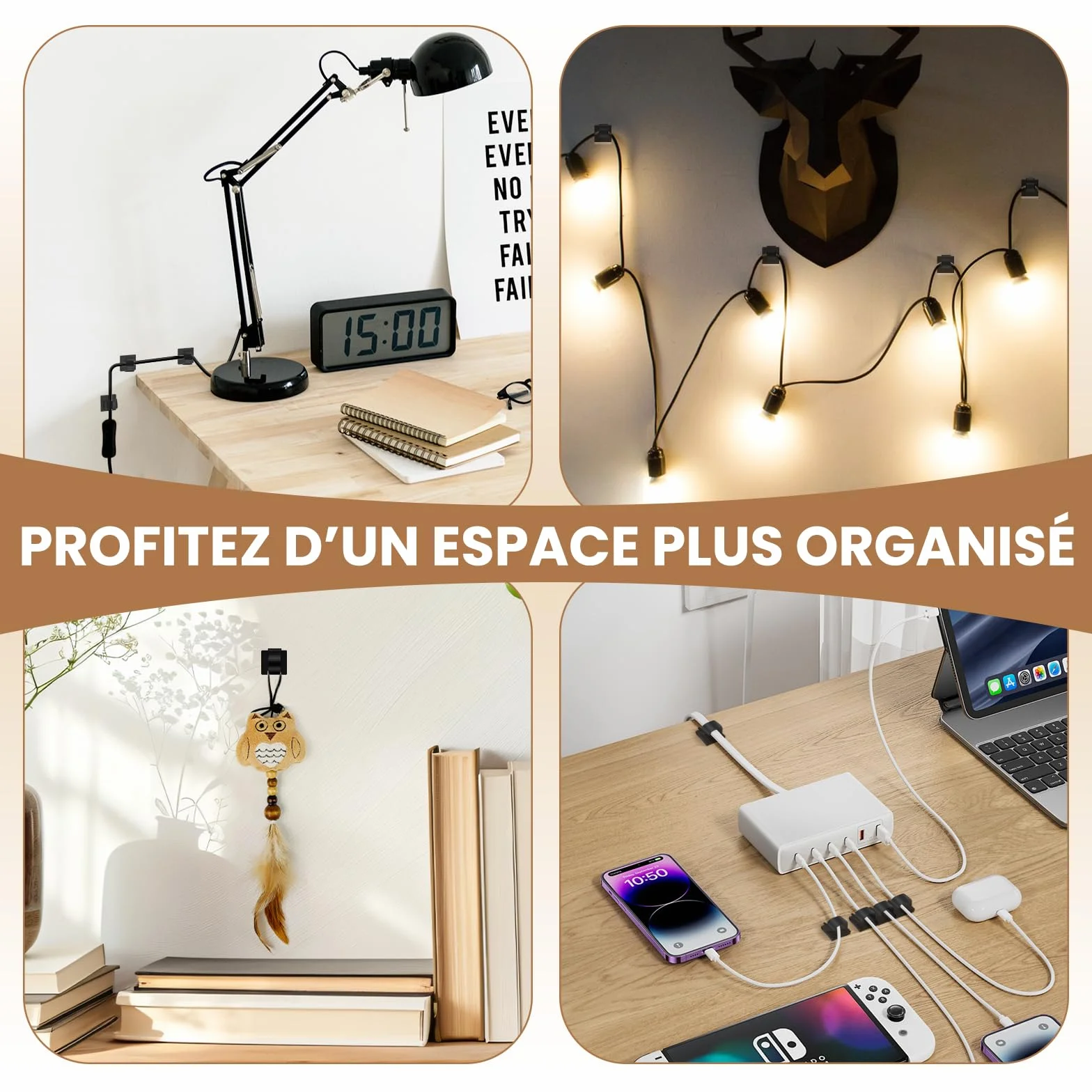 50 Pièces Attache Cable Adhésif, Clip Cable et Accroche Cable – Supports Gestion des Fils et Câbles Électriques, Noire