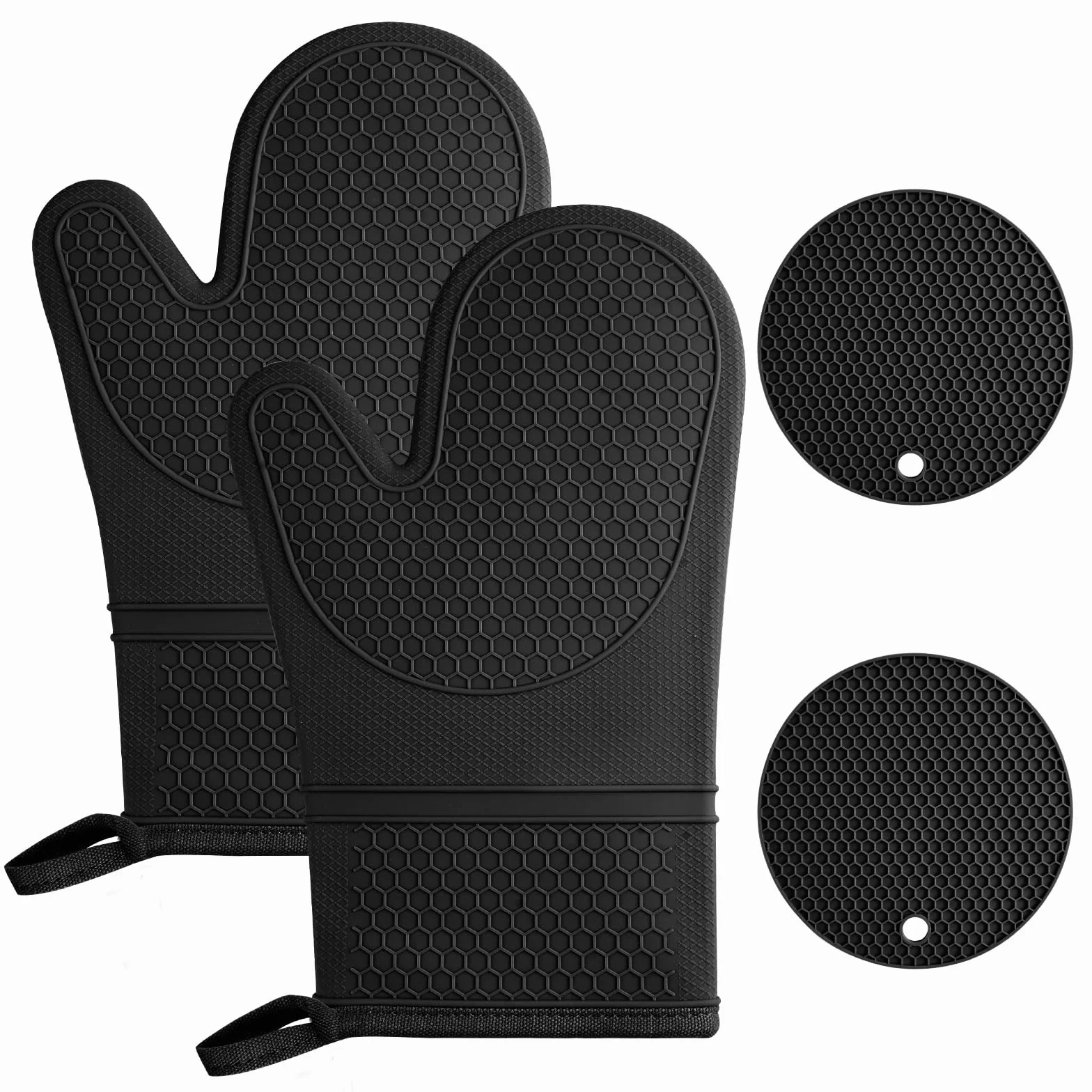 AUAUY 1 Paire Gants de Cuisine en Silicone avec 2 Maniques, Gants de Four Résistant à La Chaleur jusqu'à 240 °C, Gants de Cuisine Antidérapants pour Grillades, Cuisine, Four, Micro-Ondes, Noir