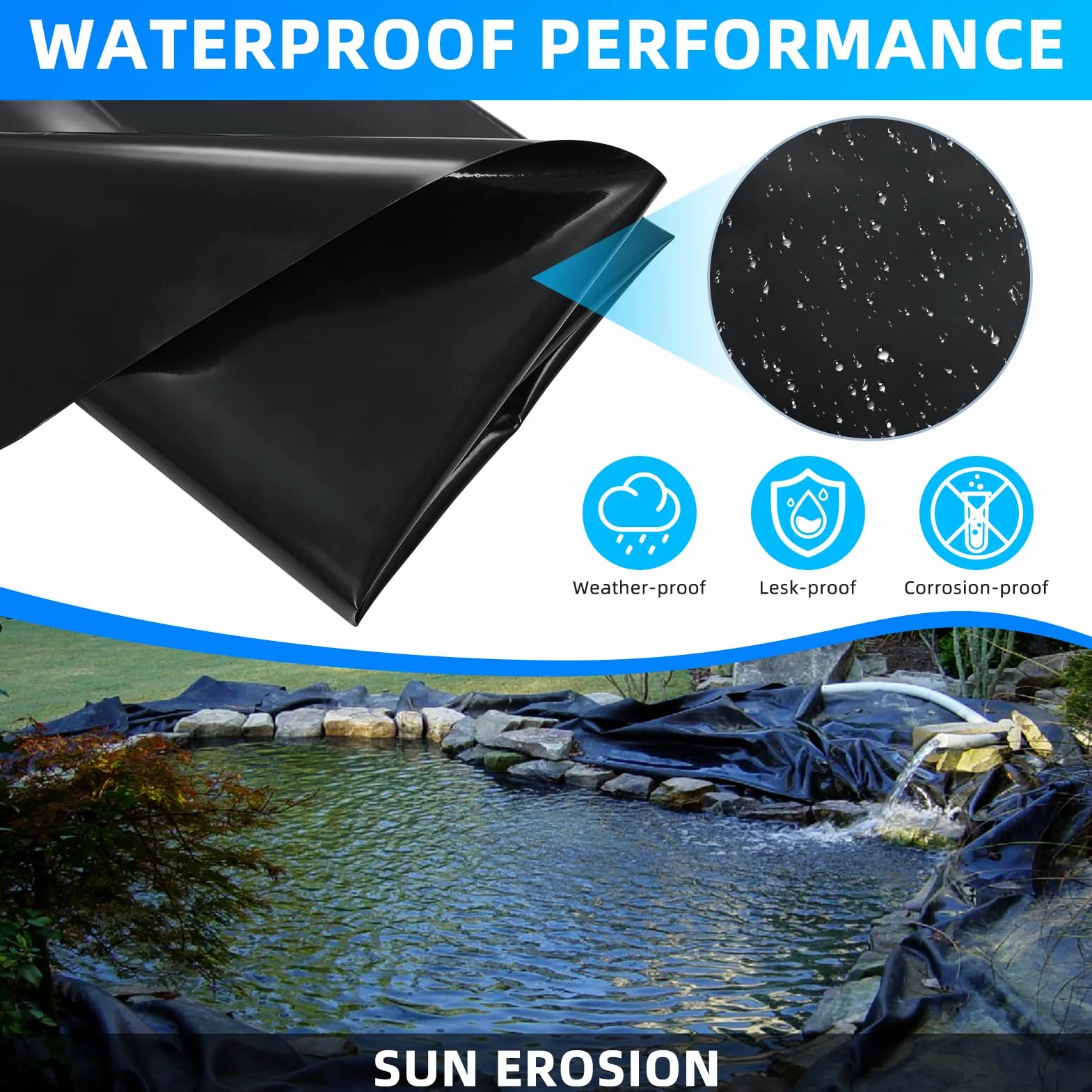 Bâche pour bassin HDPE 6x6m 0,5mm étanche résistante UV intempéries déchirures jardin poissons fontaine cascade