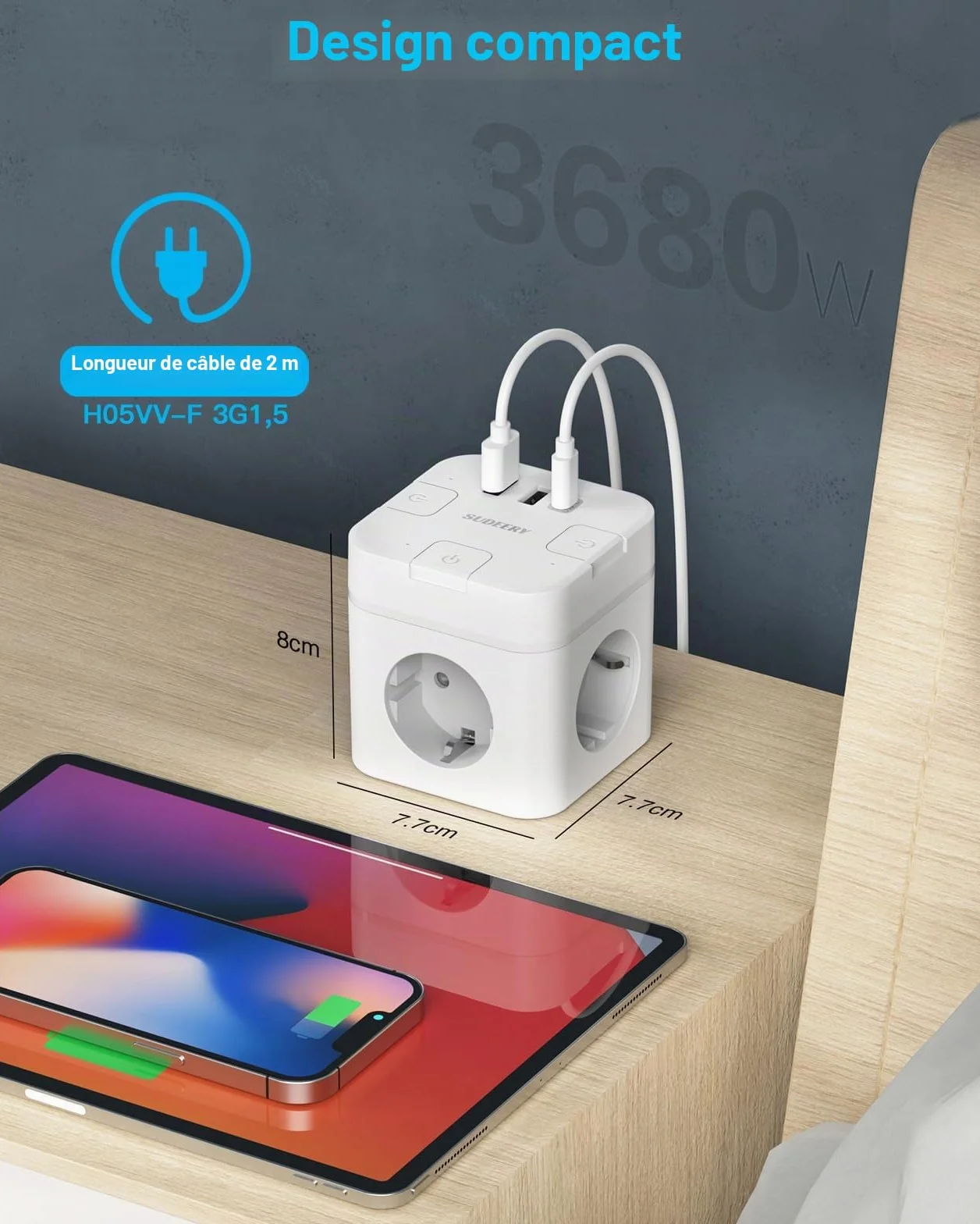 SUDEERY Cube de prise 6 en 1 avec USB C, 3 prises, prise plate, câble 2 m, multiprise USB type C, blanc