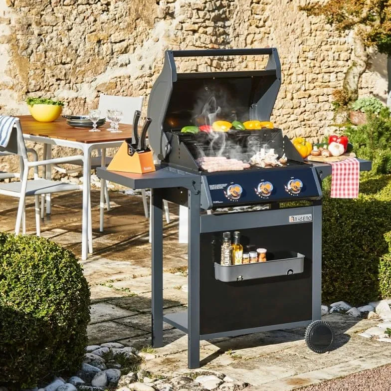 BRASERO BY FAVEX – Barbecue gaz Spring II 3 brûleurs – Surface mixte grille & plancha fonte – 9,95 kW – EASY CLEAN™ – Tablettes rabattables - Jusqu'à 10 convives