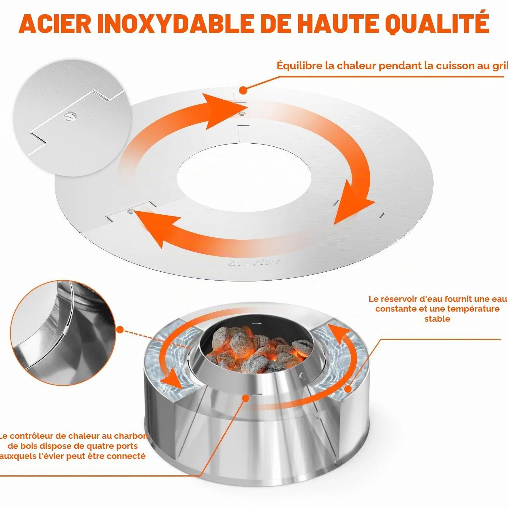 Onlyfire Panier de Charbon en Inox avec Réflecteur de Chaleur et Réservoir d'eau Amovible pour Barbecue à Charbon Weber 57 et 67 cm