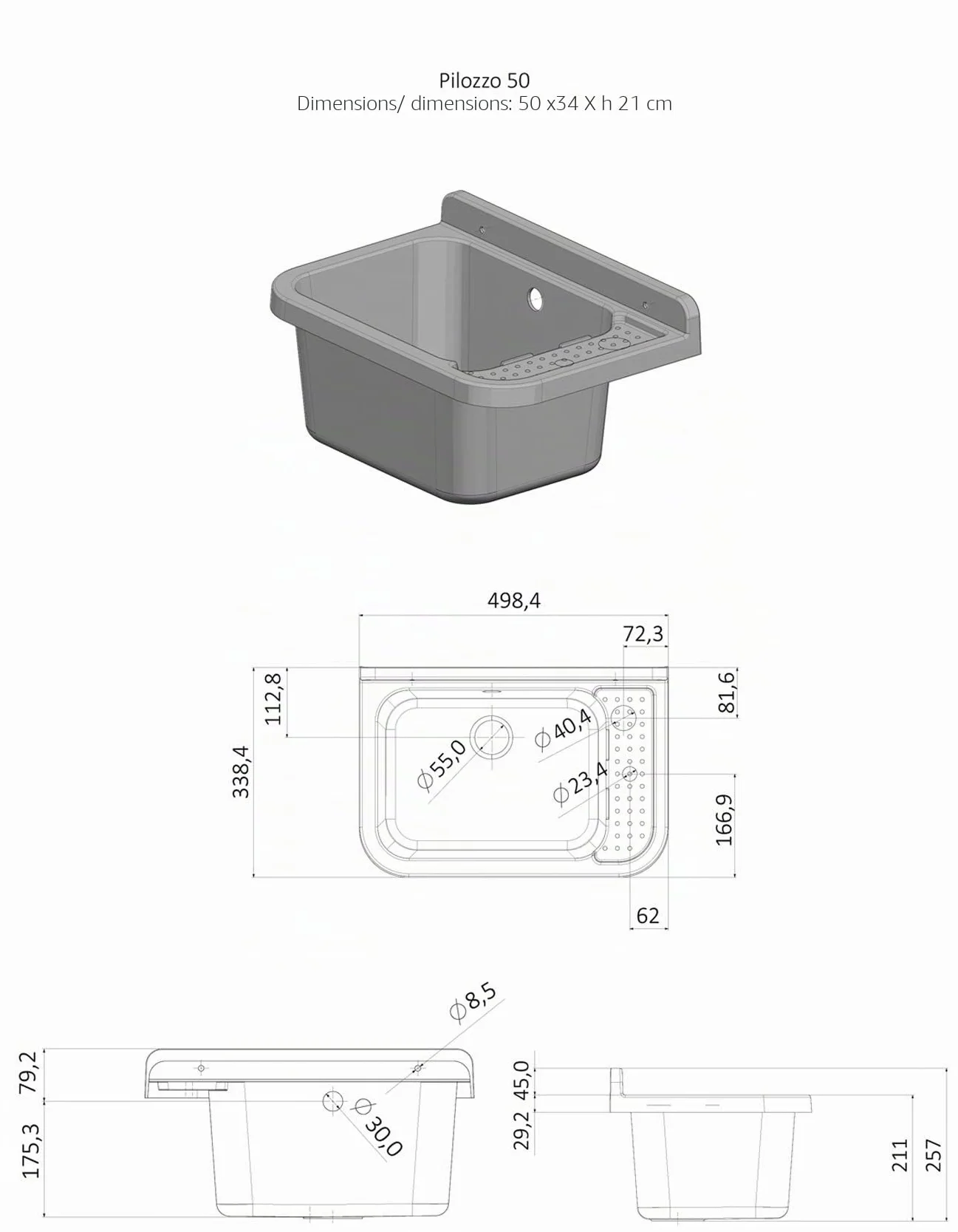 Negrari AM2051G Évier mural en résine 50 x 34 x 21 cm gris ciment