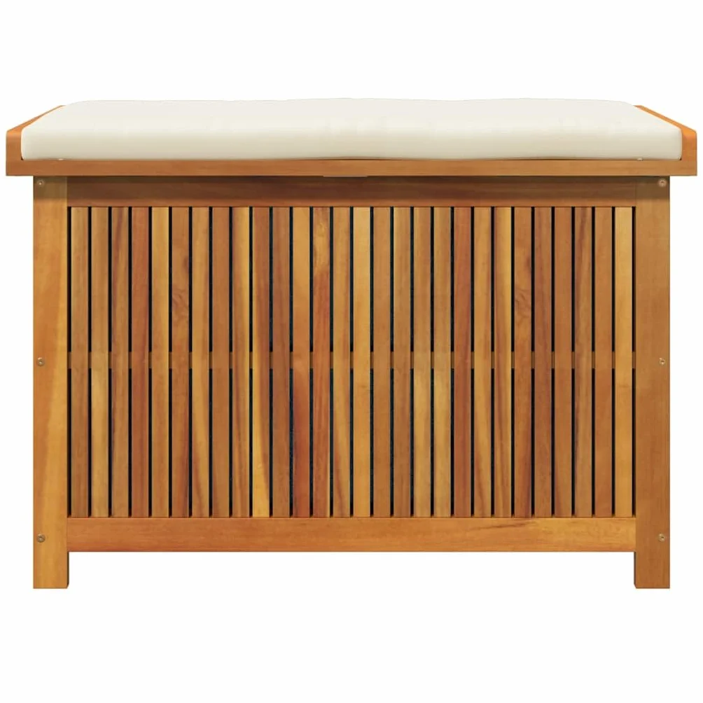 Banc de Rangement Extérieur avec Coussin Coffre en Bois d'Acacia Massif pour Jardin Patio (Blanc crème 90x50x60,5 cm)