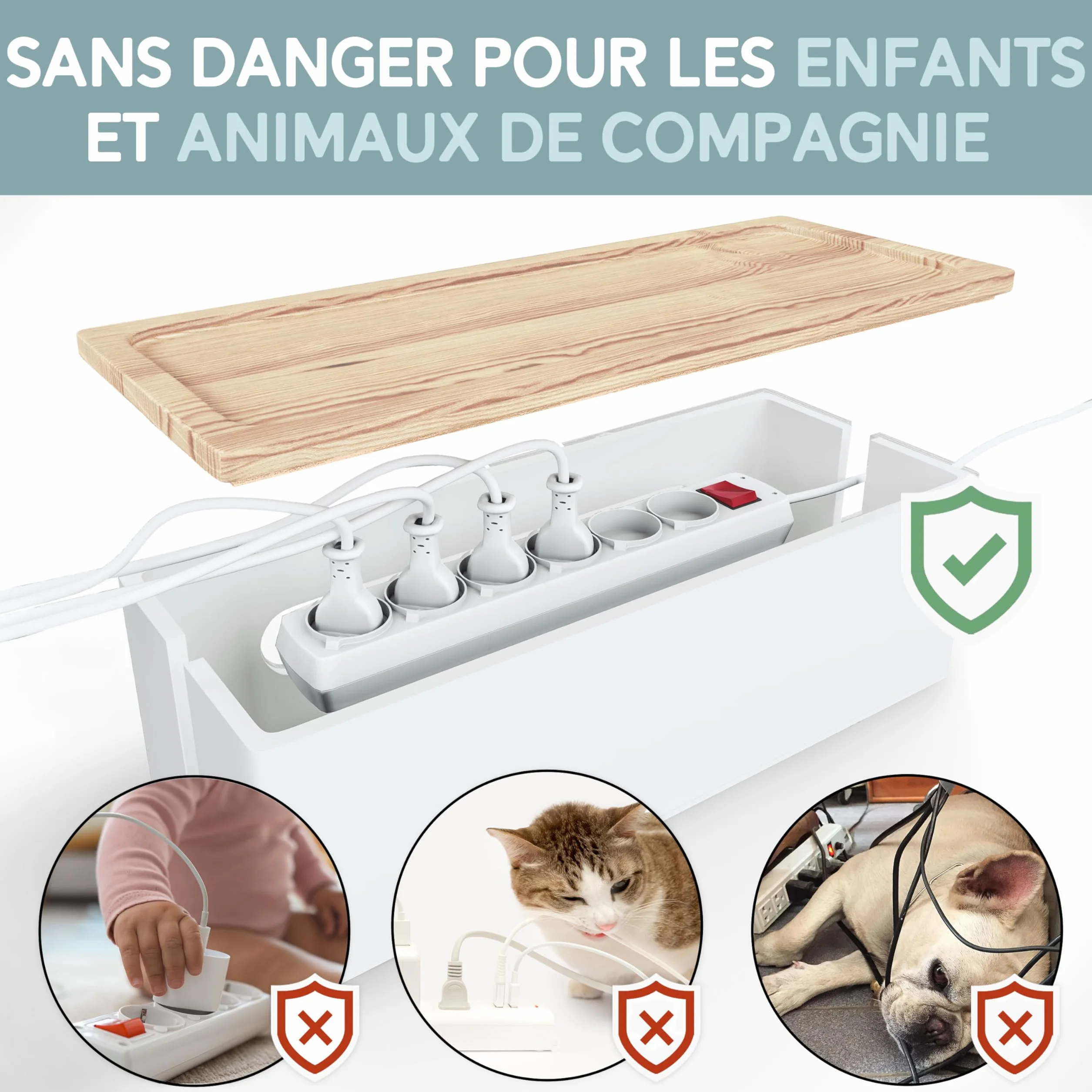 Lot de 2 Boîte de Rangement de Câbles en Bois Rustique pour Bureau TV Ordinateur USB Blanc
