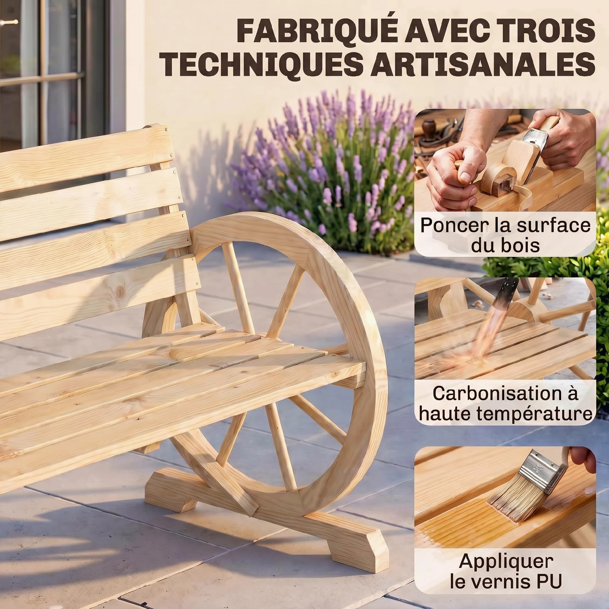 Outsunny Banc de Jardin Banc 3 Places Banc en Bois Style Rustique Chic accoudoirs Roues Charette Bois Sapin Effet Bois Naturel