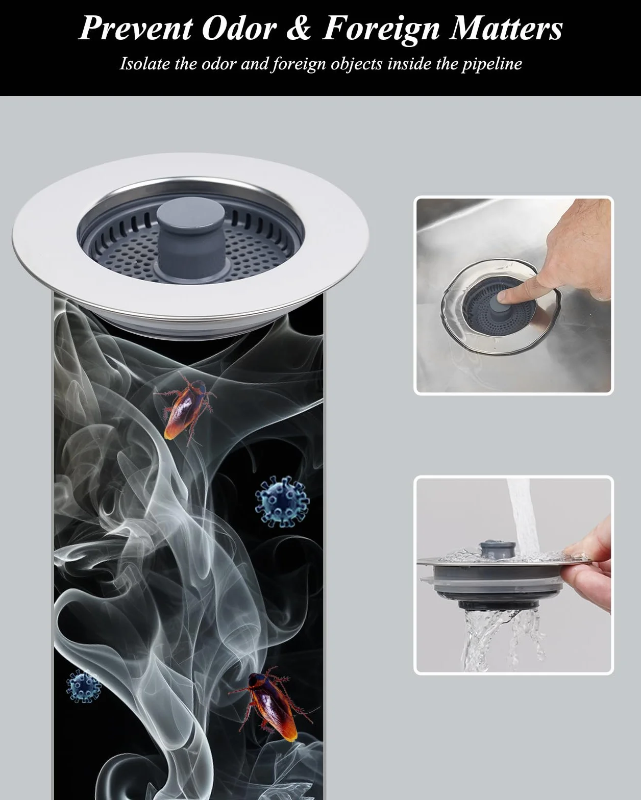 Hibbent Évier de Cuisine Passoire et Bouchon 3 en 1 Acier Inoxydable Anti-colmatage 70-86mm