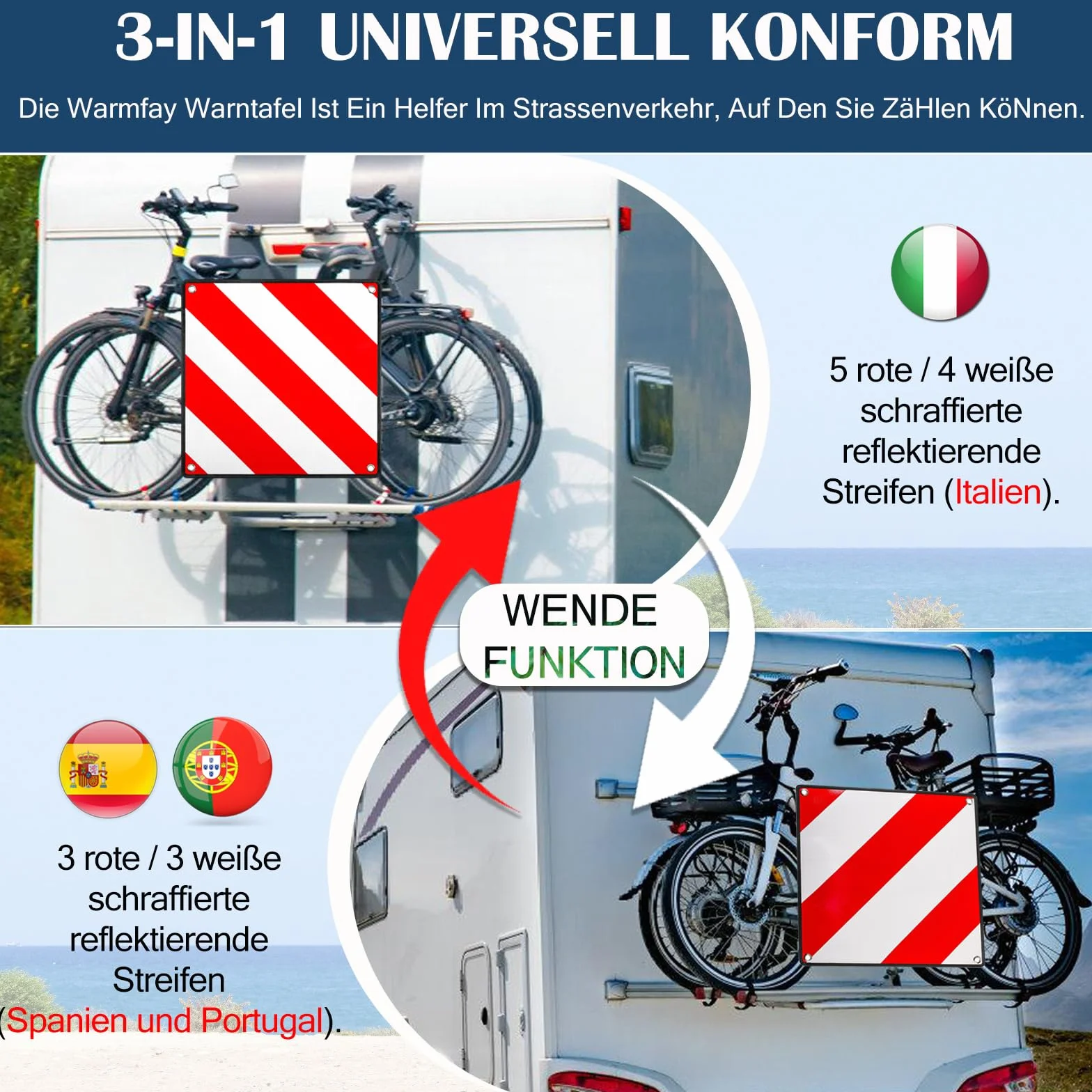 Panneau d'avertissement 3 en 1 Rouge Blanc Réfléchissant 50 x 50 cm pour Porte-vélos Italie Espagne Portugal