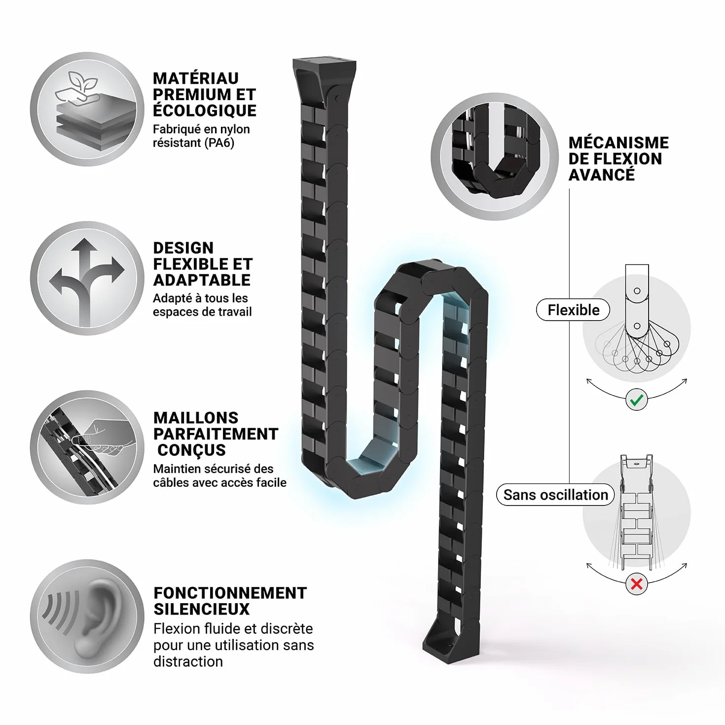 Flexible Chemin de Cable Organisateur Cable sous Bureau (Noir)