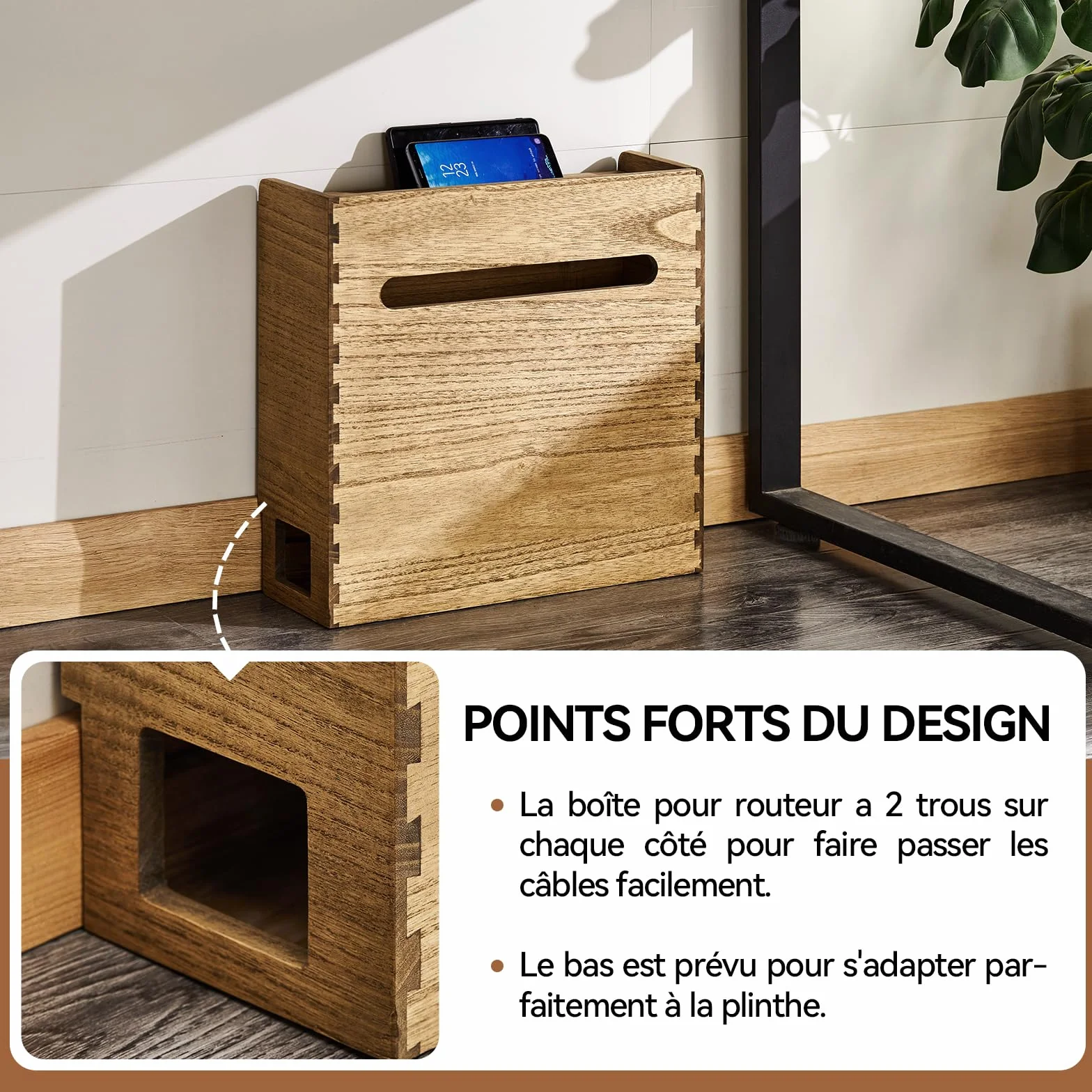 KIRIGEN Boîte de rangement pour routeur Wifi, étagère en bois pour câbles, gestion et organisation des câbles gelb-braun