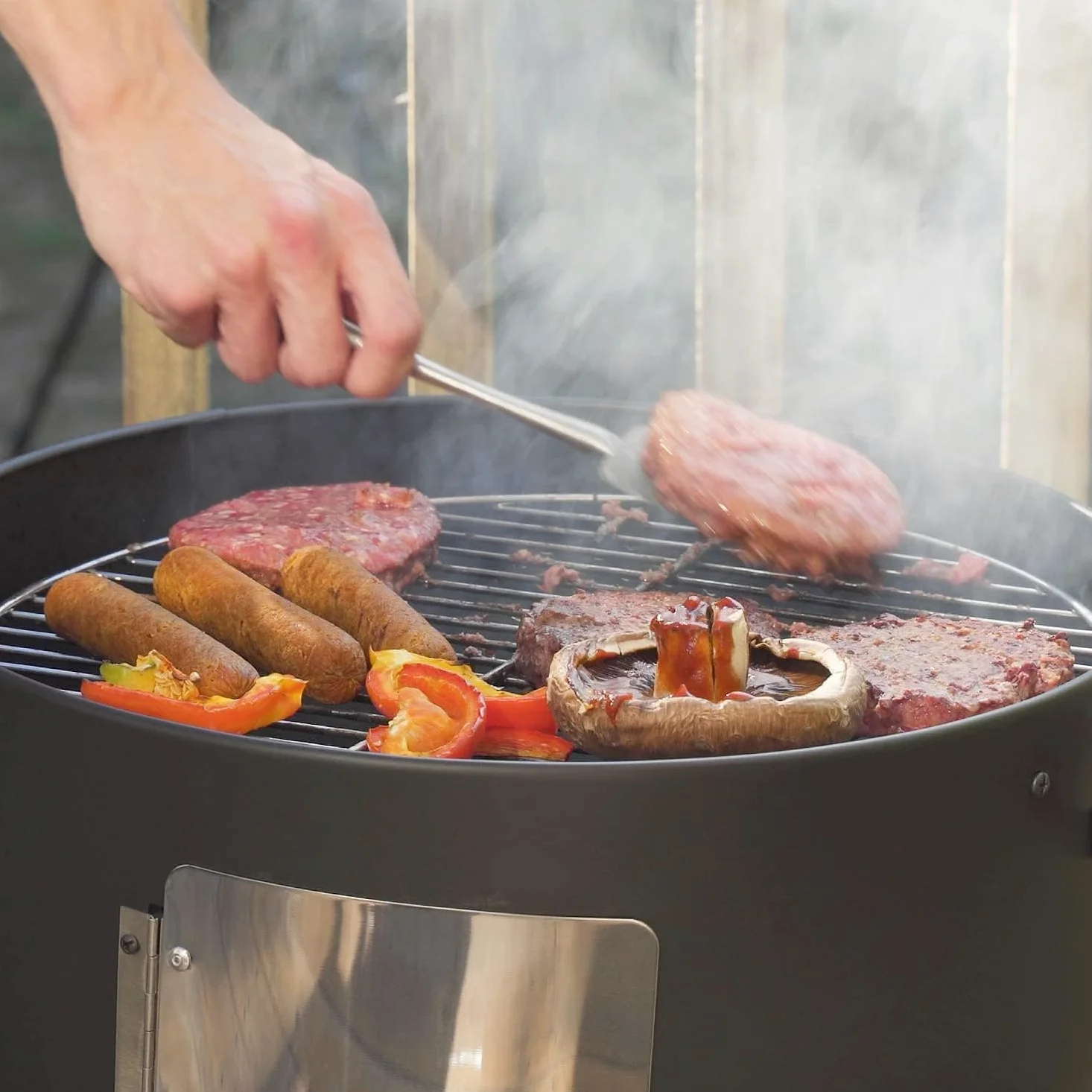 Barbecue fumoir de 17-1/2" avec couvercle, thermomètre intégré, aération et portes d'accès, deux couches, barbecue multifonction avec 3 poignées en bambou, idéal pour les fêtes, le camping