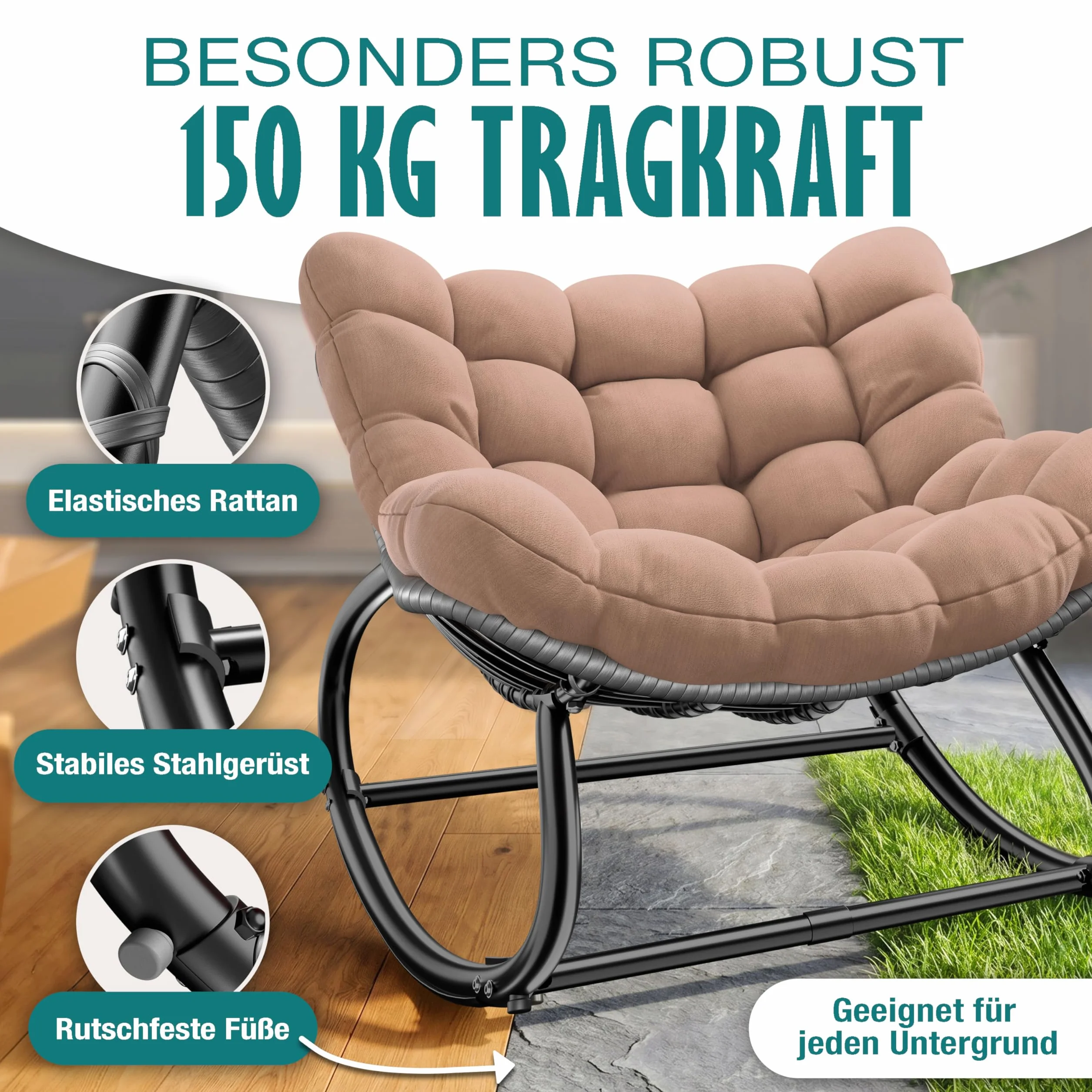 KESSER Fauteuil à Bascule pour l'intérieur et l'extérieur - Charge maximale : 120 kg - Fauteuil de Relaxation avec Pieds antidérapants - Résistant aux intempéries (Taupe, XXL Chillexer Pro)