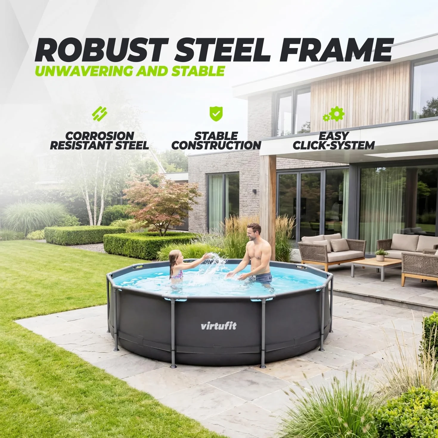 VirtuFit Piscine Ronde Noir Ø244 x 76 cm avec Filtre