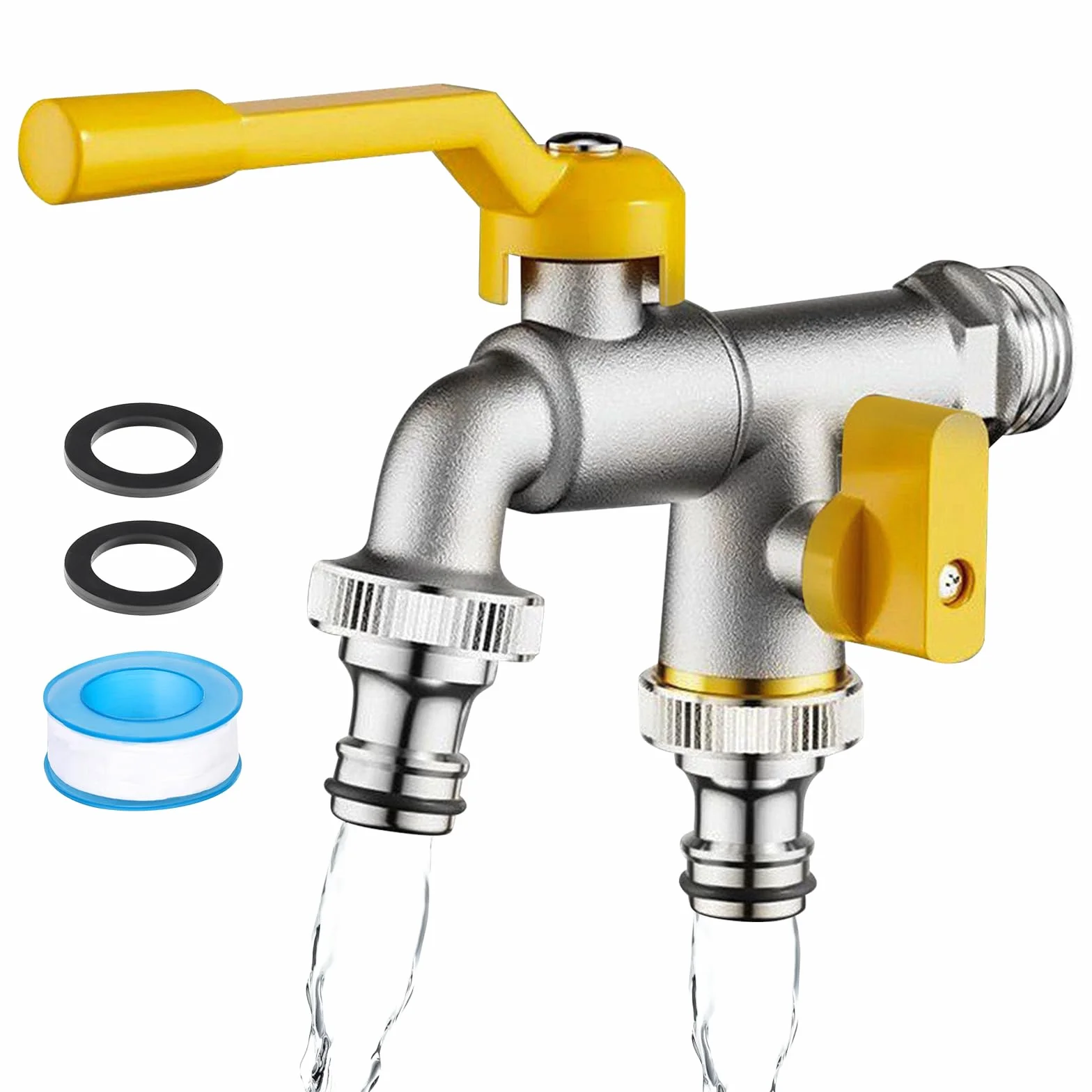 Robinet de Jardin Double Sortie en Laiton 1/2" Antigel avec 2 Sorties 3/4" et Ruban d'Étanchéité