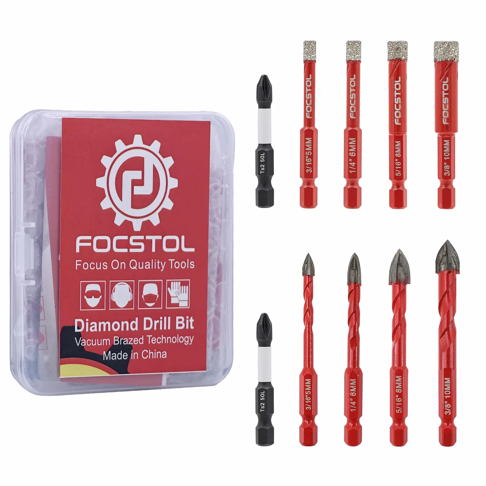 FOCSTOL Foret Diamant Carrelage 10 pièces, Scie Cloche Porcelaine Céramique Marbre Granit Verre, Tige Hexagonale 5/6/8/10mm