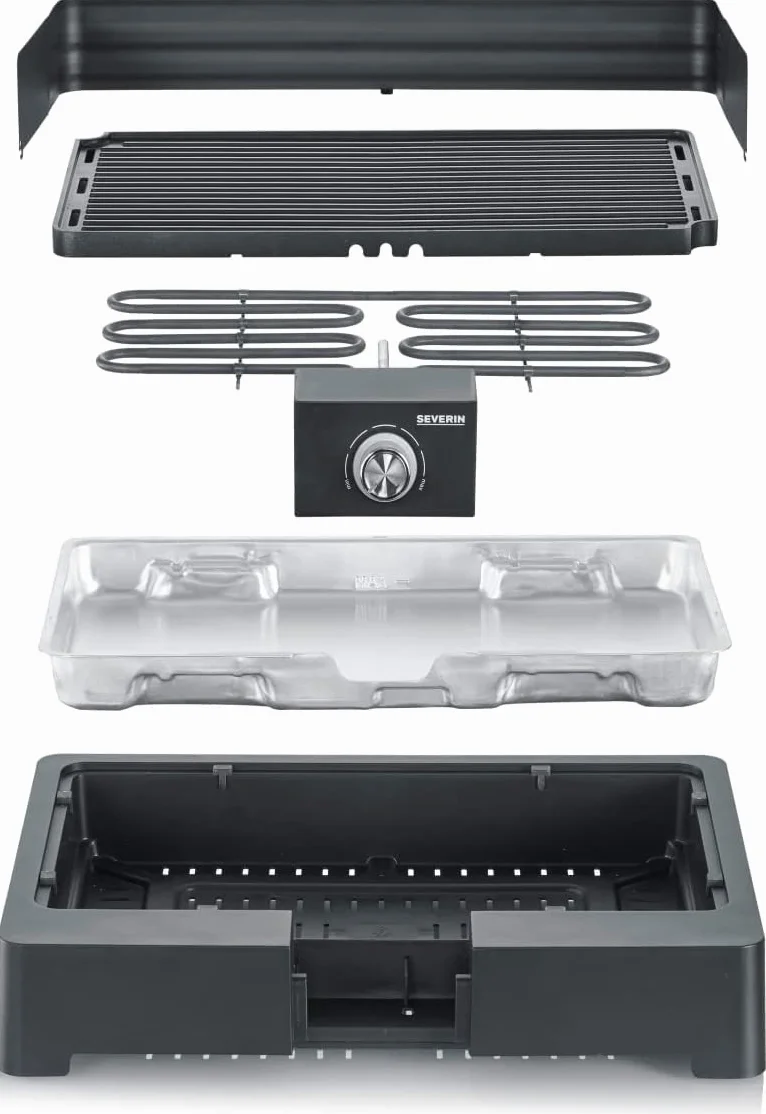 SEVERIN Barbecue électrique 2200 W Grille inox sur pieds avec pare-vent amovible eBBQ bac à eau Noir