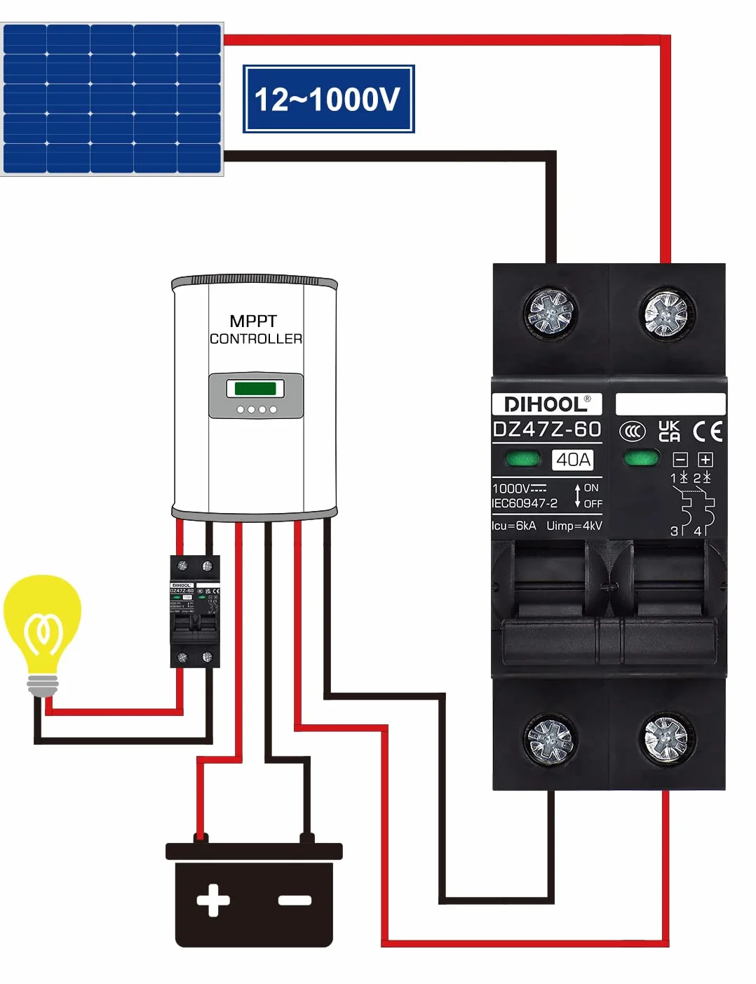 DIHOOL DC disjoncteur 1000VDC solaire PV photovoltaïque automatique 2 pôles 40 ampères