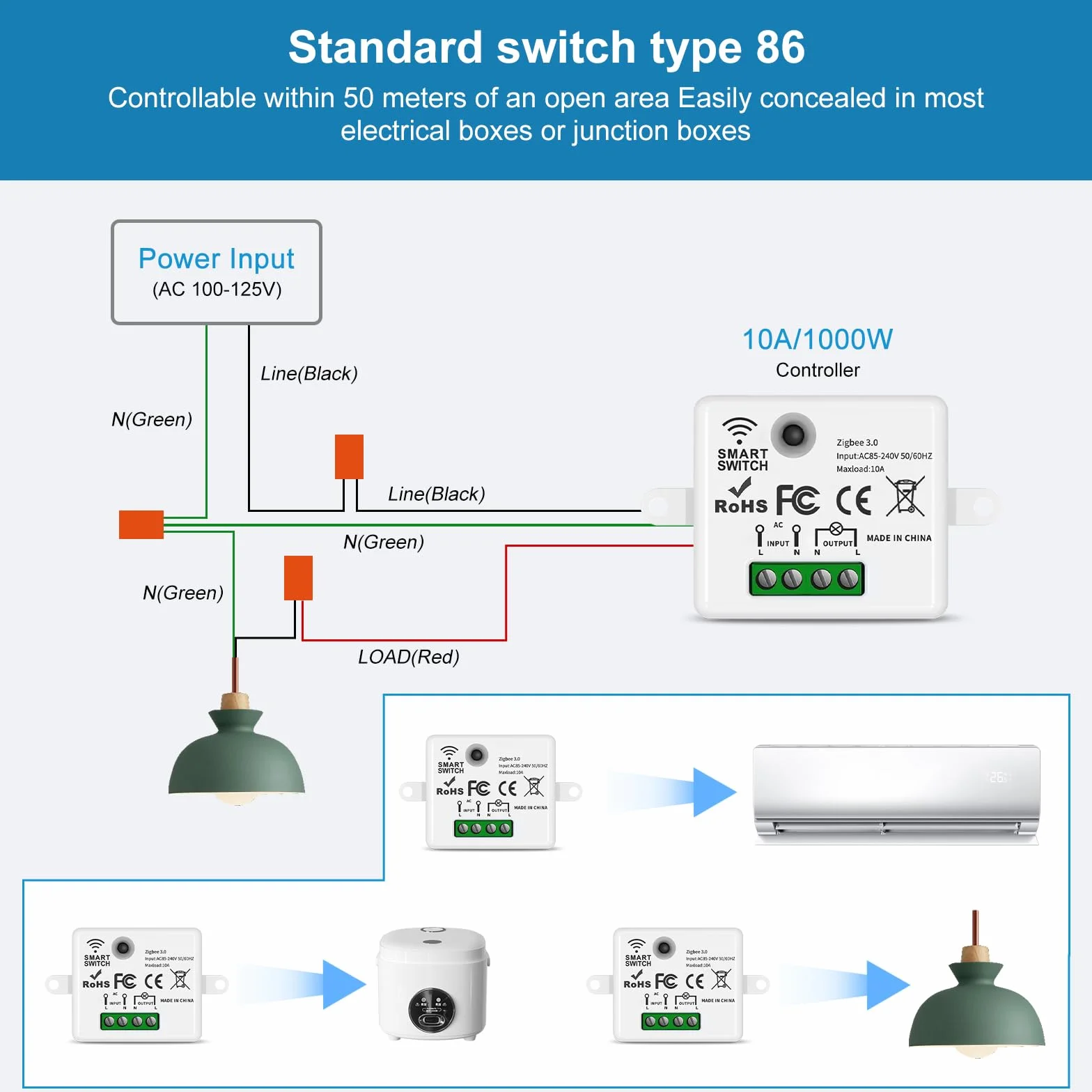 Interrupteur d'éclairage sans fil 10 A 1500 W avec récepteur de sécurité