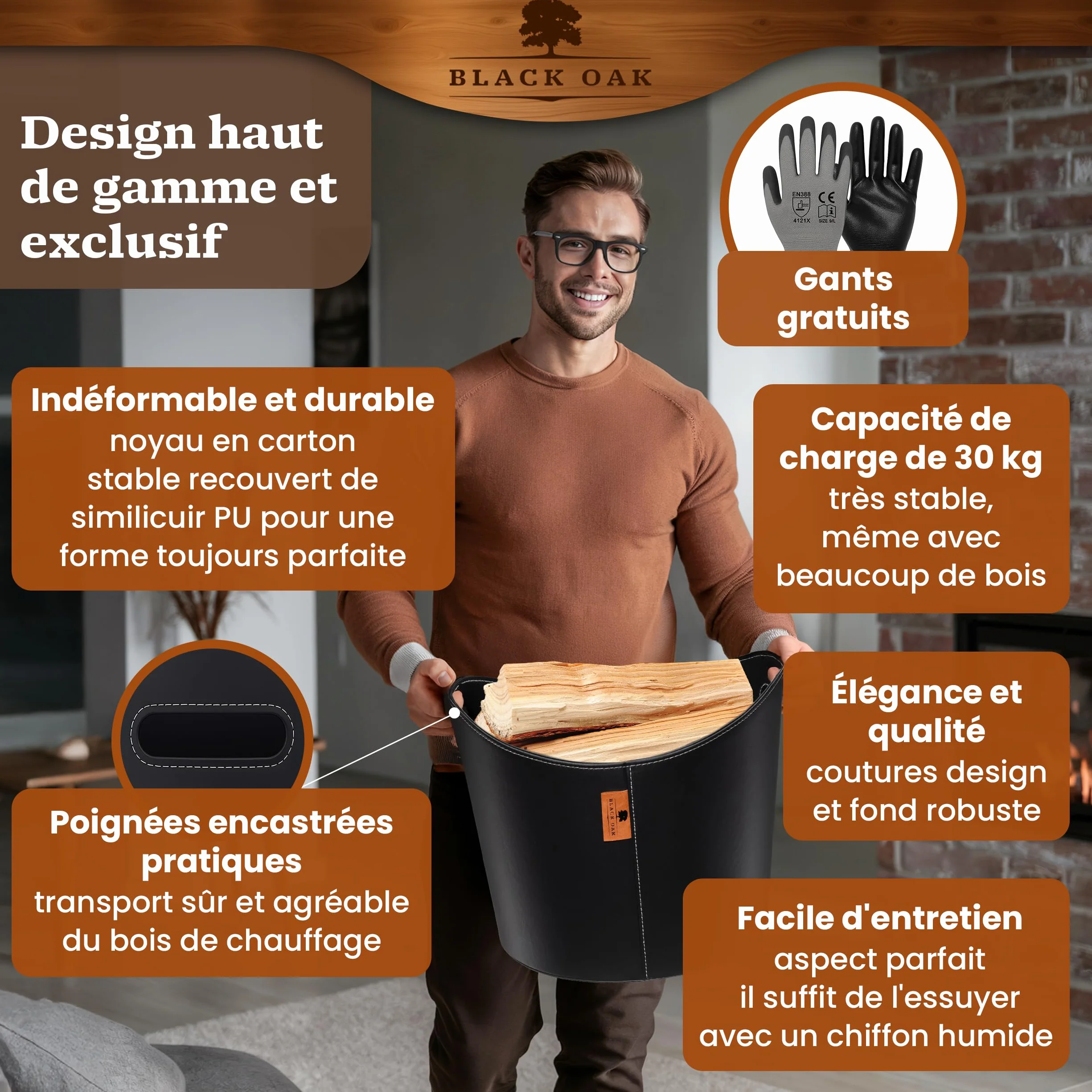 BLACK OAK DAKOTA L 40L Panier pour bois de cheminée en cuir synthétique noir - Capacité de charge 30kg - 40 litres 40x38x32cm - Panier pour bois de cheminée en bois Sac pour bois de chauffage Panier