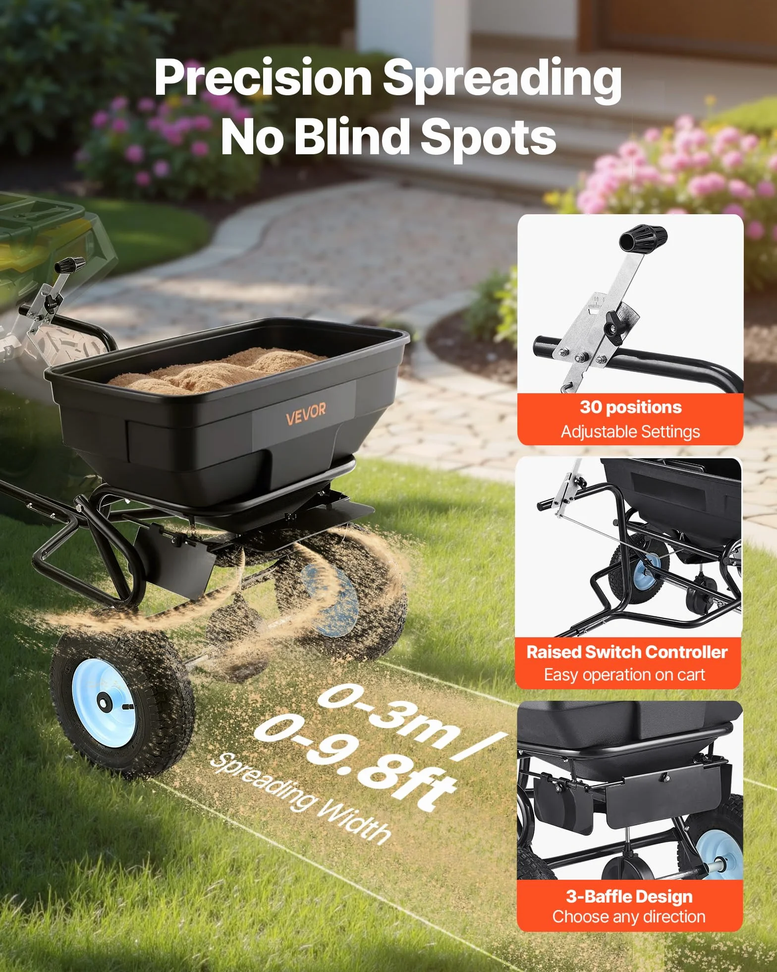 VEVOR Épandeur Engrais Tracté Capacité 59 kg Épandeur à Semence à Remorquer Largeur Épandage 0-3 m Semoir à Pousser pour Graines, Sel Déneigement, Semer Jardinage, Pelouse, Gazon, avec Roues 33 cm
