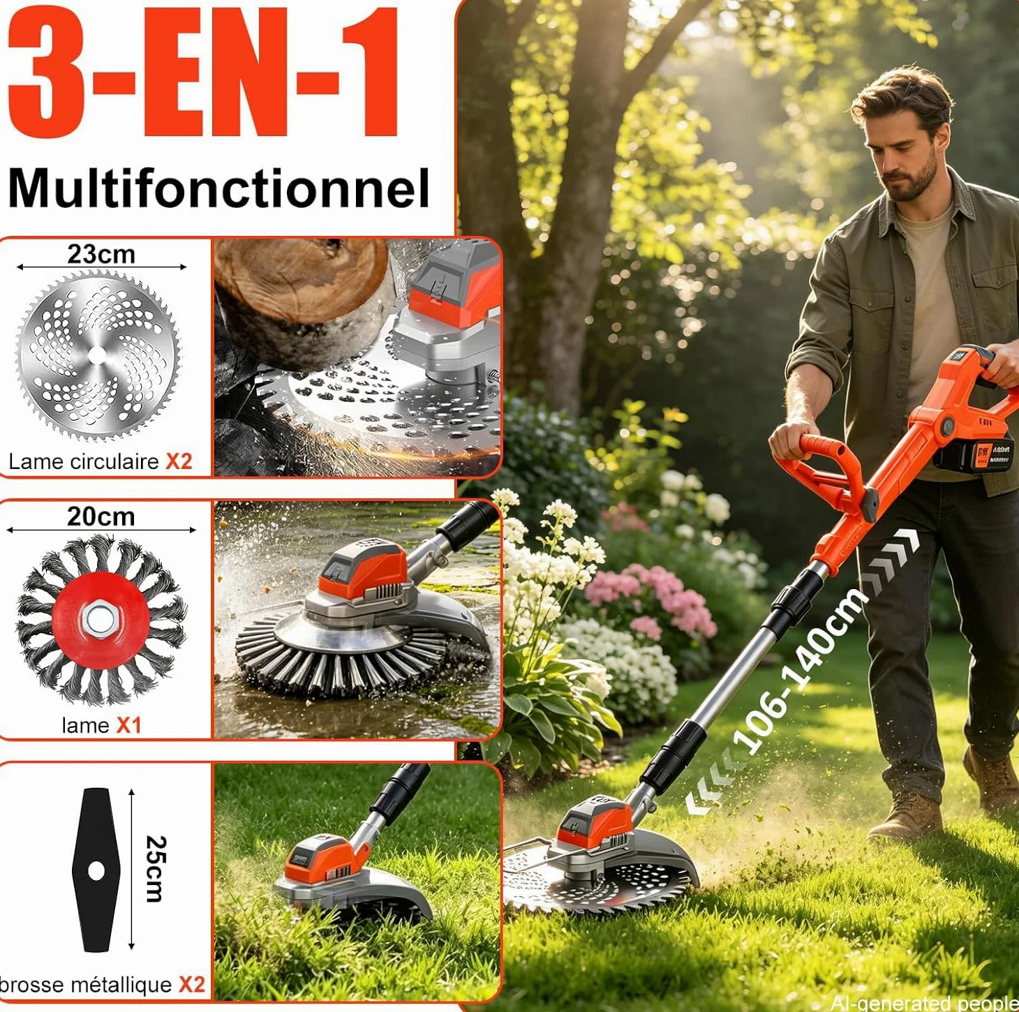 Debroussailleuse Electrique sans Fil, 21V Coupe Bordure sans Fil avec Batterie, Batterie Debrouissalleuses avec 3 Lames, Débroussailleuse Rétractable Convient Aux Jardins et Aux Pel (Rouge-1)