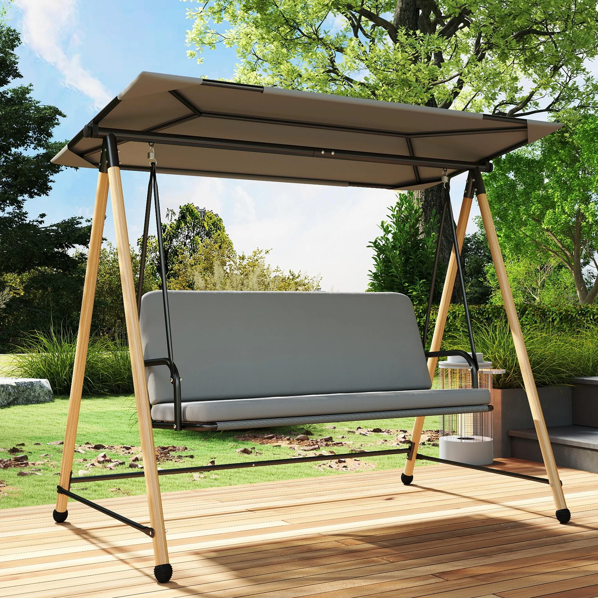 Outsunny Balancelle de Jardin 3 Places, Balançoire Extérieure Toit Réglable, Cadre Acier 360 kg 208x125x180 cm Gris