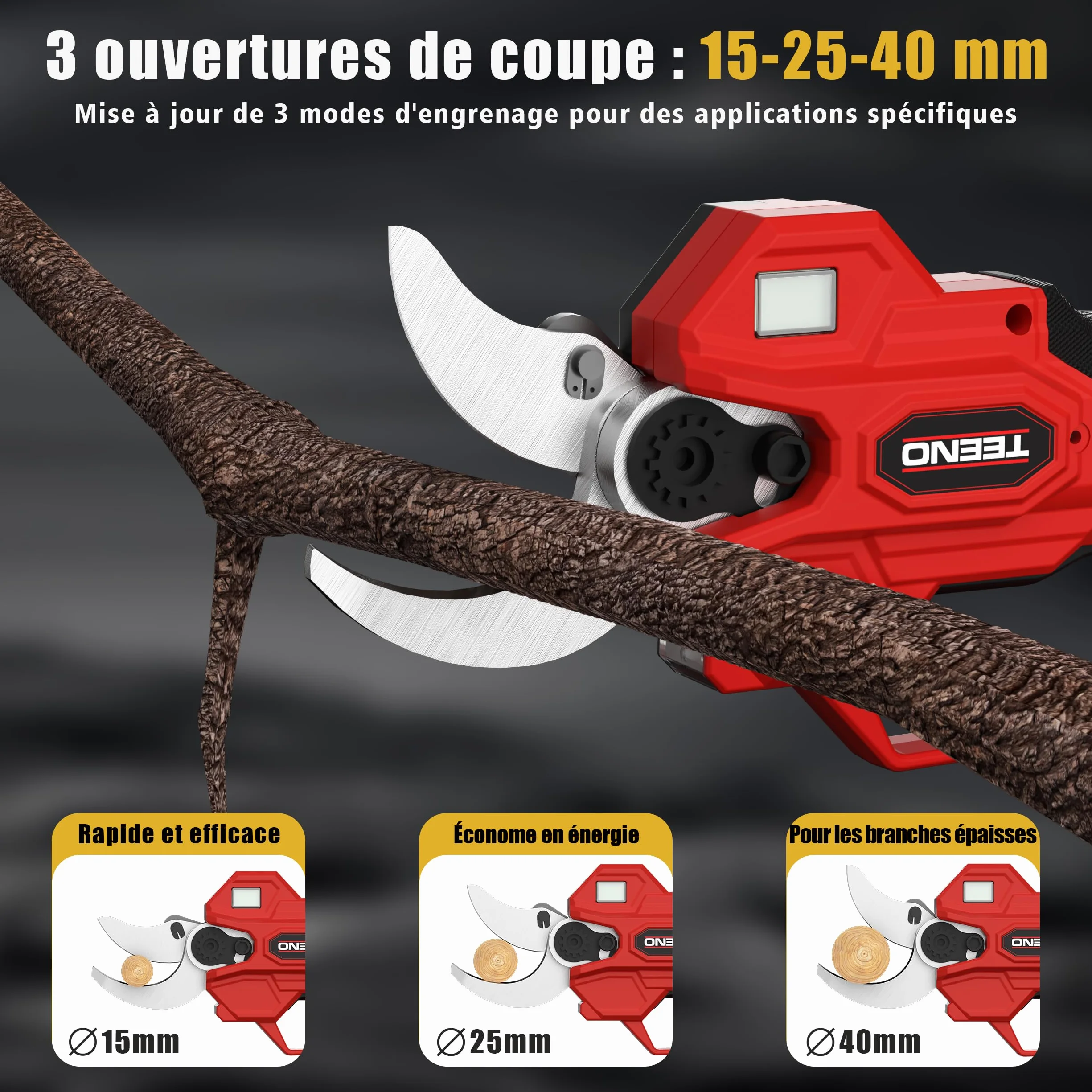 TEENO 2-en-1 Sécateur électrique avec perche télescopique, 40MM Secateur electrique sans fil 4000mAh avec Écran, 2 Batteries de 2.0Ah, our le jardinage, les arbres fruitiers