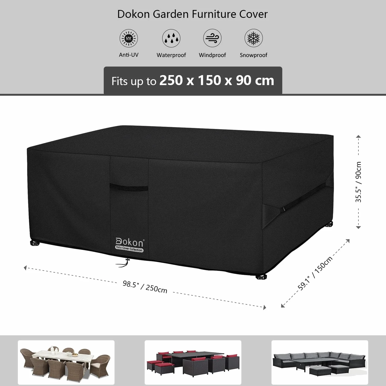Dokon Housse Salon de Jardin Exterieur Imperméable Anti-UV Tissu Oxford 420D Protection Table Rectangulaire 250x150x90cm Noir