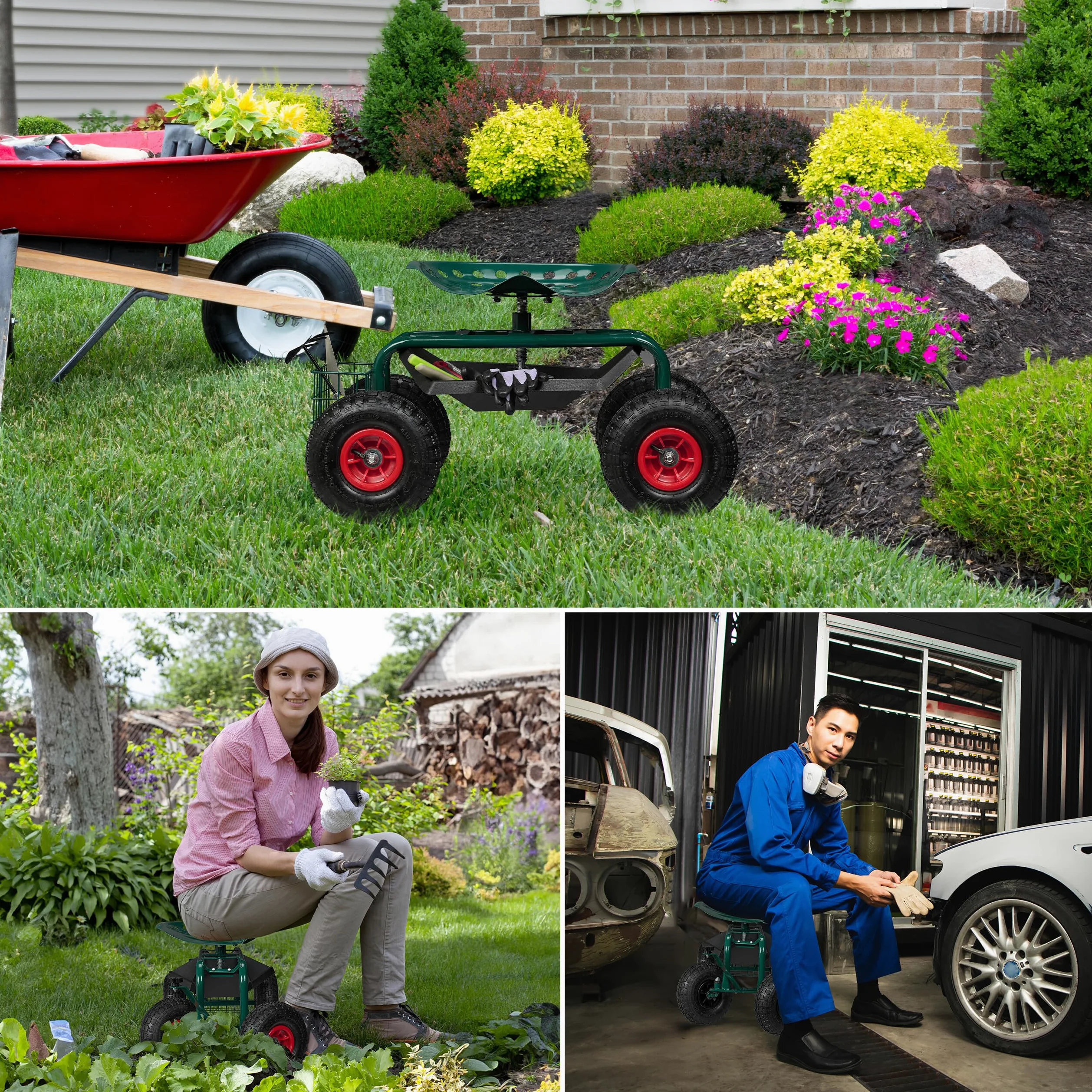 Relaxdays Siège Roulant de Jardin, Hauteur réglable, 150 kg, Accessoire Jardinage, Roues pneumatiques, Vert