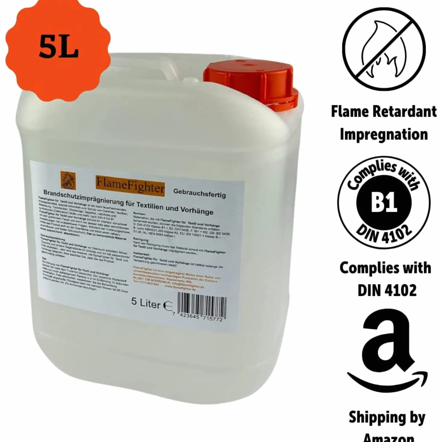 FlameFighter Imprégnation Ignifuge 5 litres Textiles Rideaux Protection Incendie DIN 4102 B1