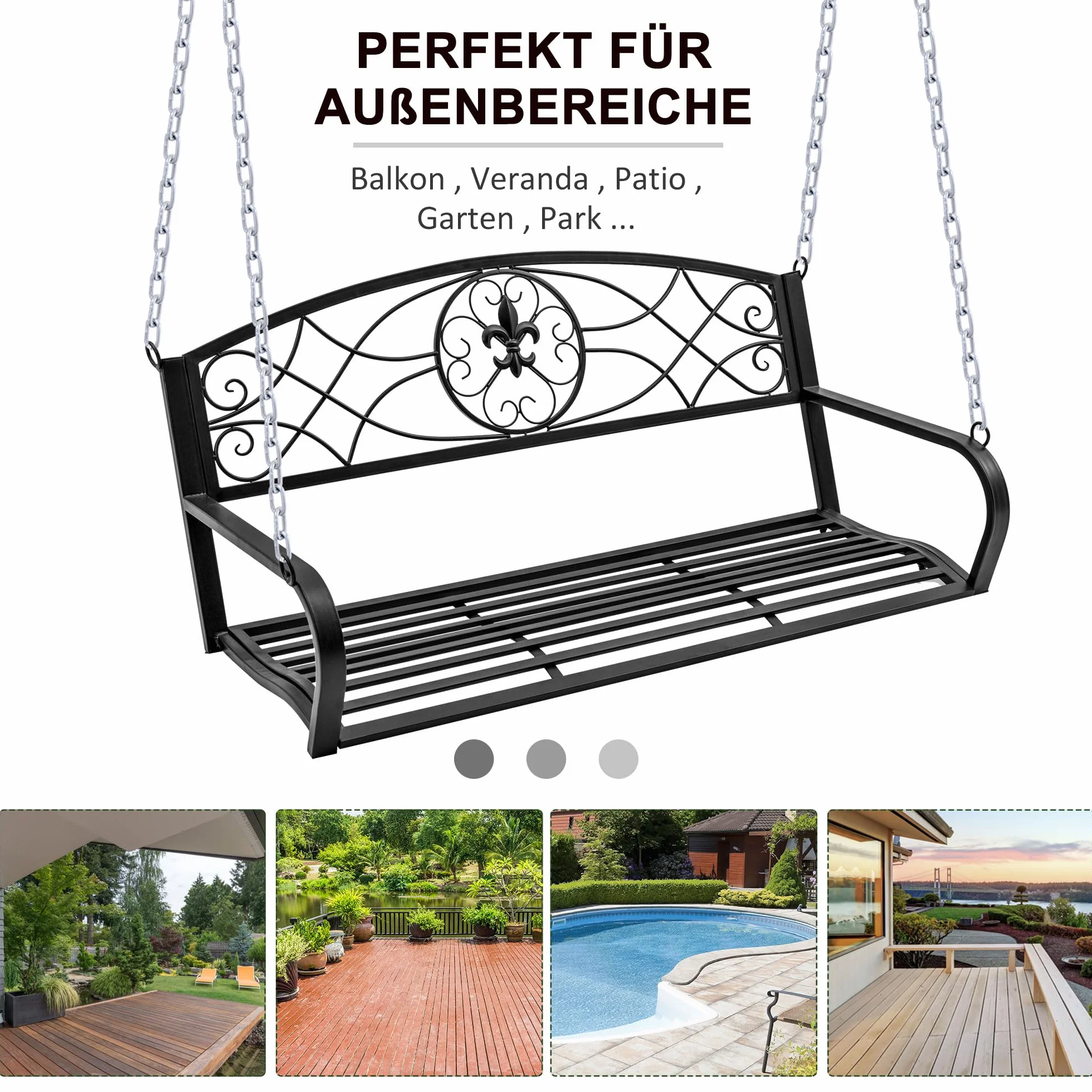 Outsunny Banc Suspendu 2 Places Chaînette Métal Noir 132x63x58 cm