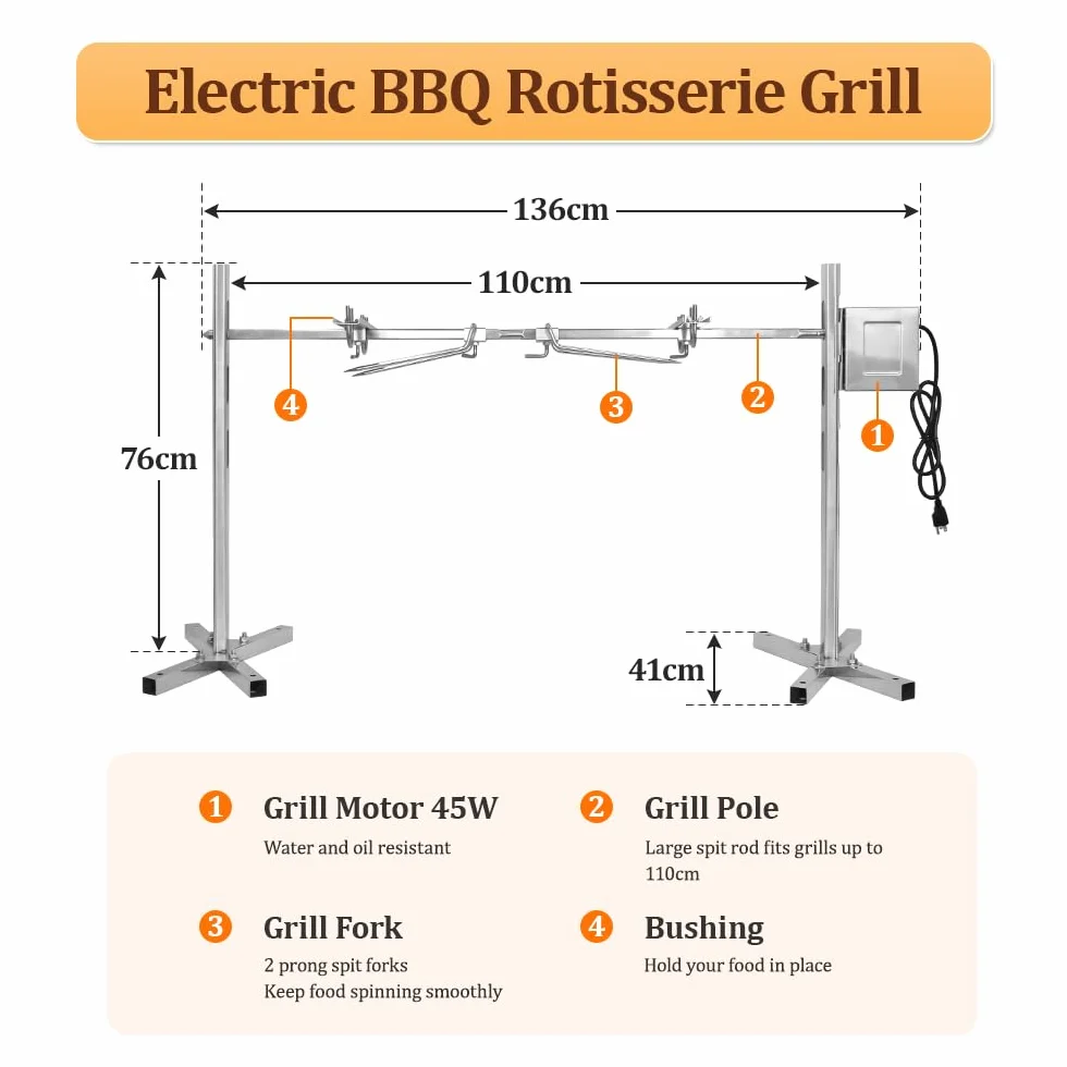 Rotisserie et Gril de Barbecue pour cochons de Lait,Tourner jusqu'à 100 kg de Porc,Set de brochettes électriques Acier Inoxydable pour feu de Camp, Camping pour cochons de Lait et agneaux