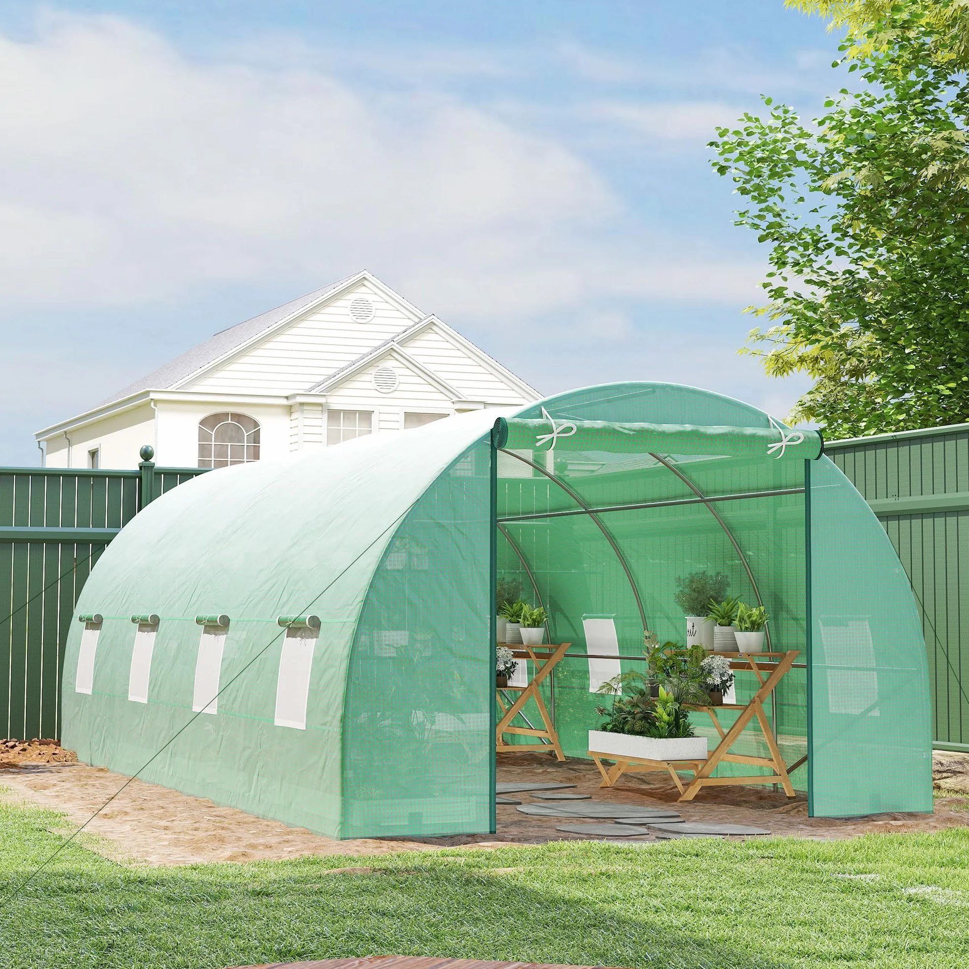 Serre de Jardin Tunnel 6L x 3l x 2H m Acier galvanisé renforcé 2,5 cm 8 fenêtres 1 Porte Vert