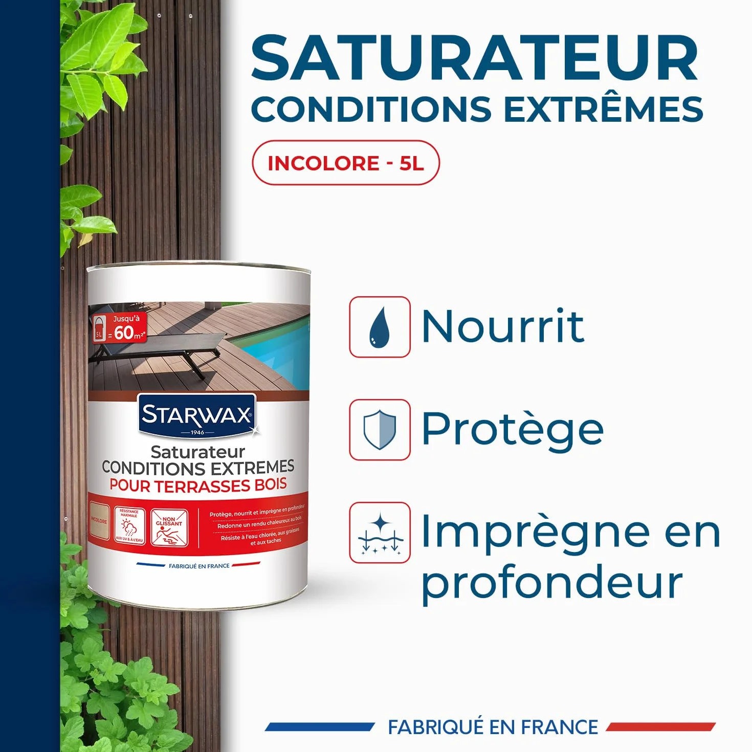 STARWAX Saturateur Bois Extérieur Incolore 5L Conditions Extrêmes UV Intempéries Eau Chlorée