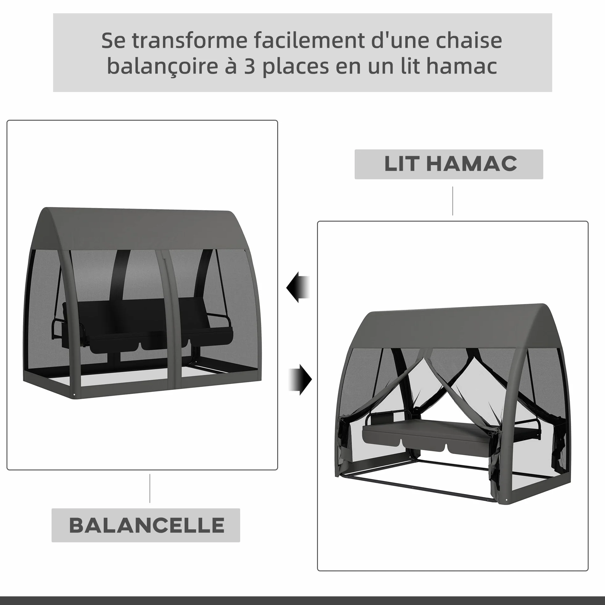 Outsunny Balancelle de Jardin Convertible 3 Places avec Auvent et Coussins, Gris