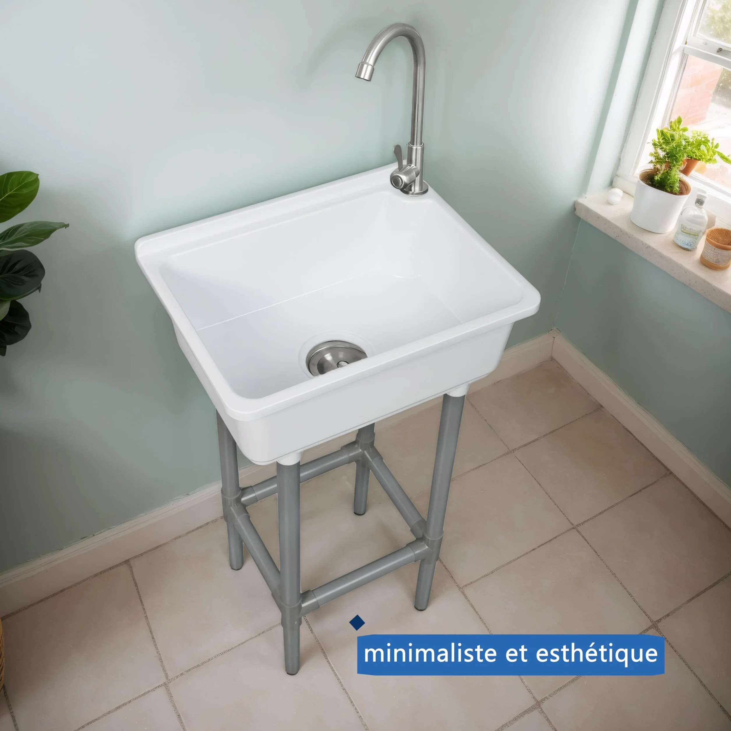 Évier utilitaire mural 42x32 cm cuve unique plastique avec trou robinet 3,2 cm
