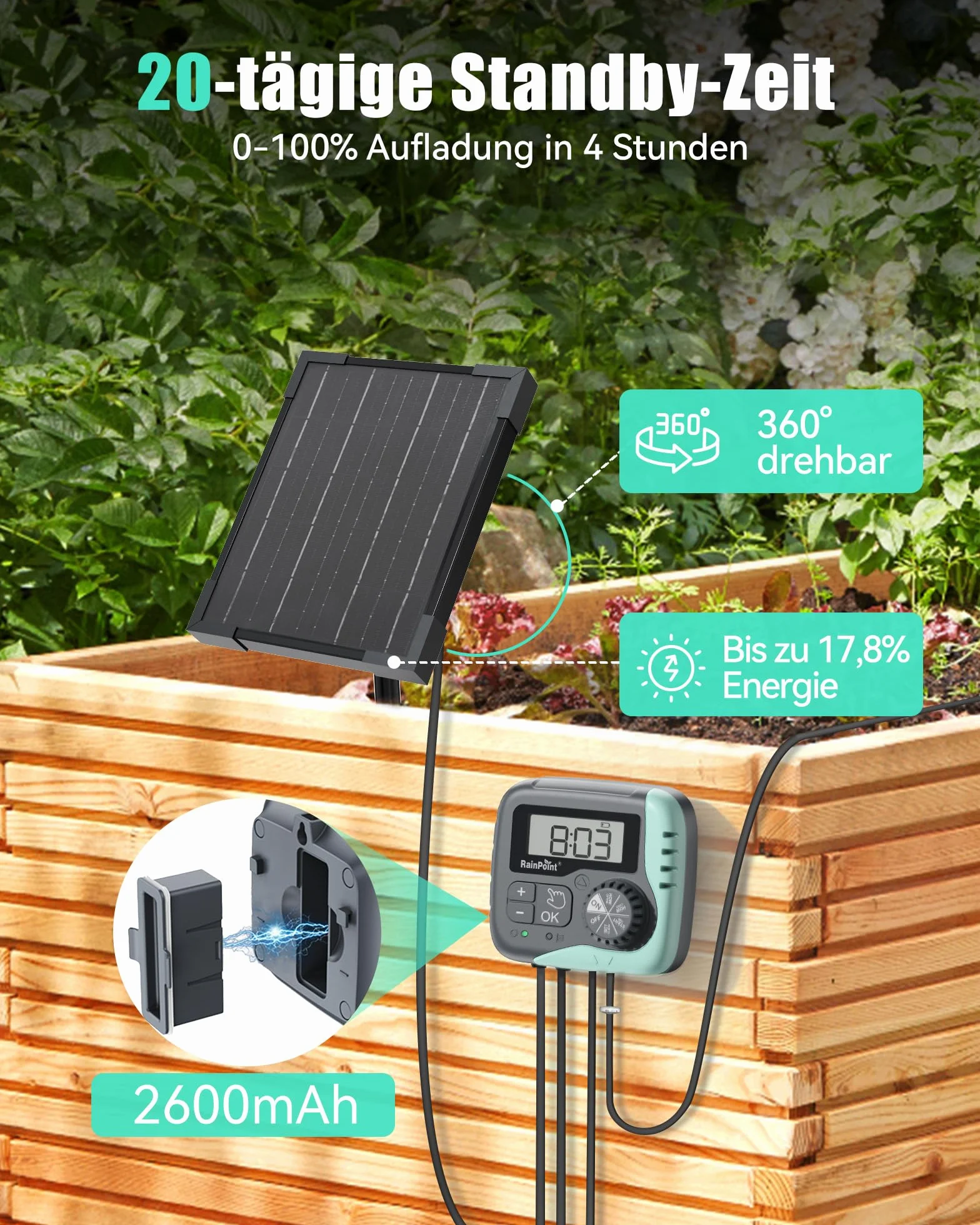 RAINPOINT Kit d'Arrosage Goutte à Goutte Solaire Automatique 45 L/H Pompe Programmable 2600 mAh