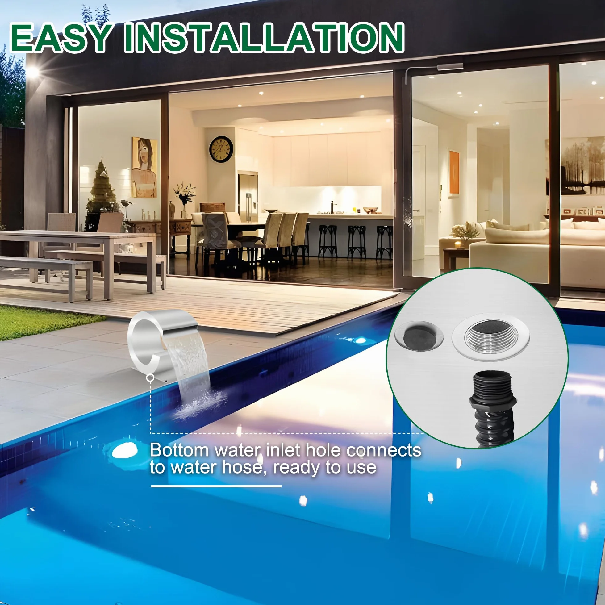 Déversoir cascade fontaine de piscine acier inoxydable courbée avec accessoires extérieur J forme jardin patio