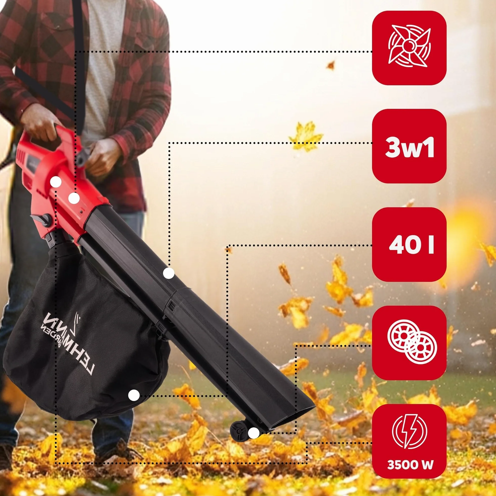 Lehmann 3 en 1 Souffleur de Feuilles Électrique, Aspirateur Broyeur 3500W, 270km/h, 15000 TR/Min, Sac 40L