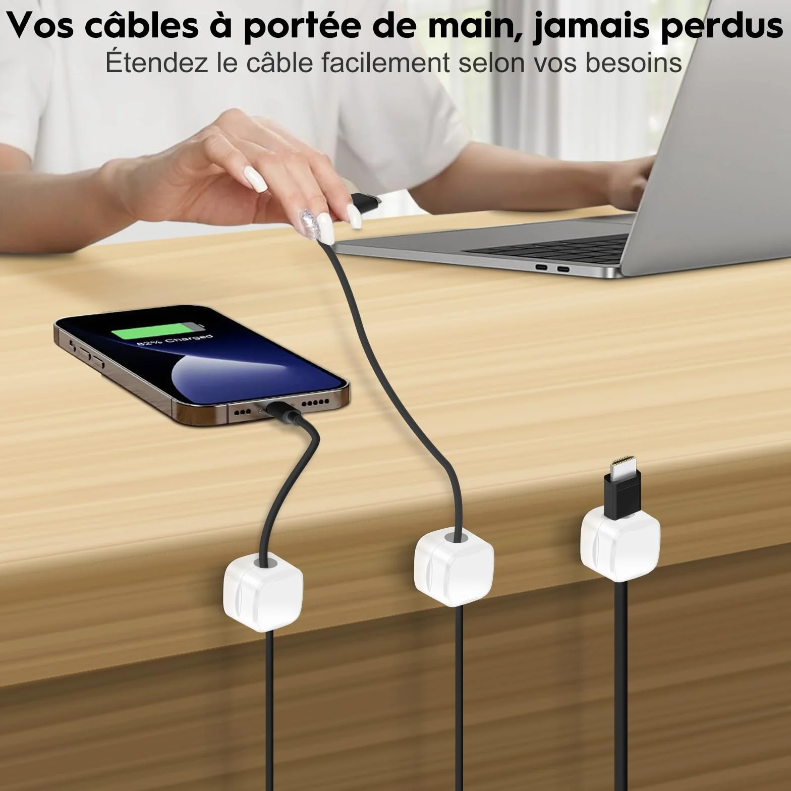 Supports de Câbles Magnétiques Adhésif Puissant - Lot de 6 Organisateurs de Câbles de Charge pour Bureau, Maison, Voiture (Blanc)