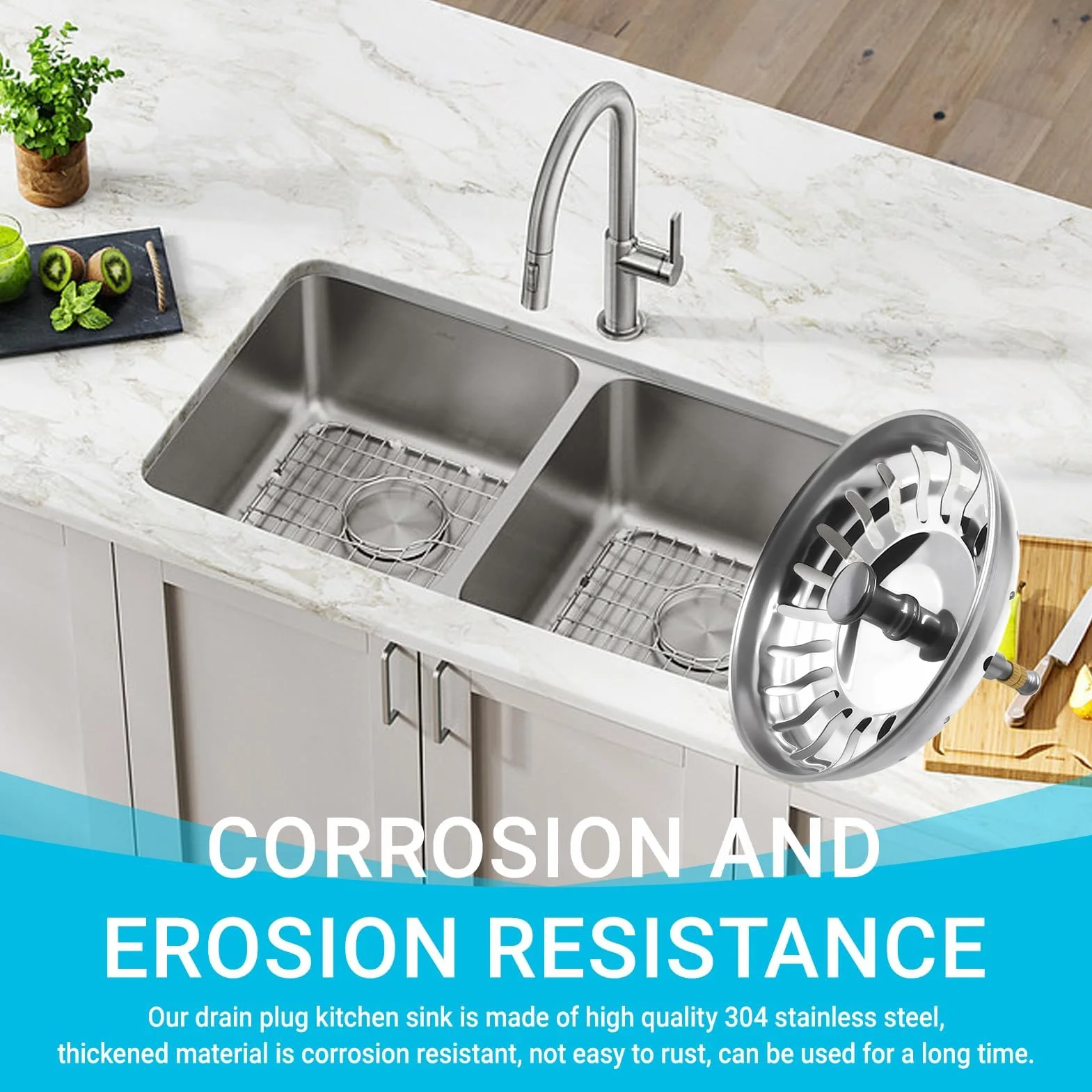 Bouchon Evier Cuisine Ø 80 mm Acier Inoxydable avec Goupille Réglable Crépine Anti Colmatage